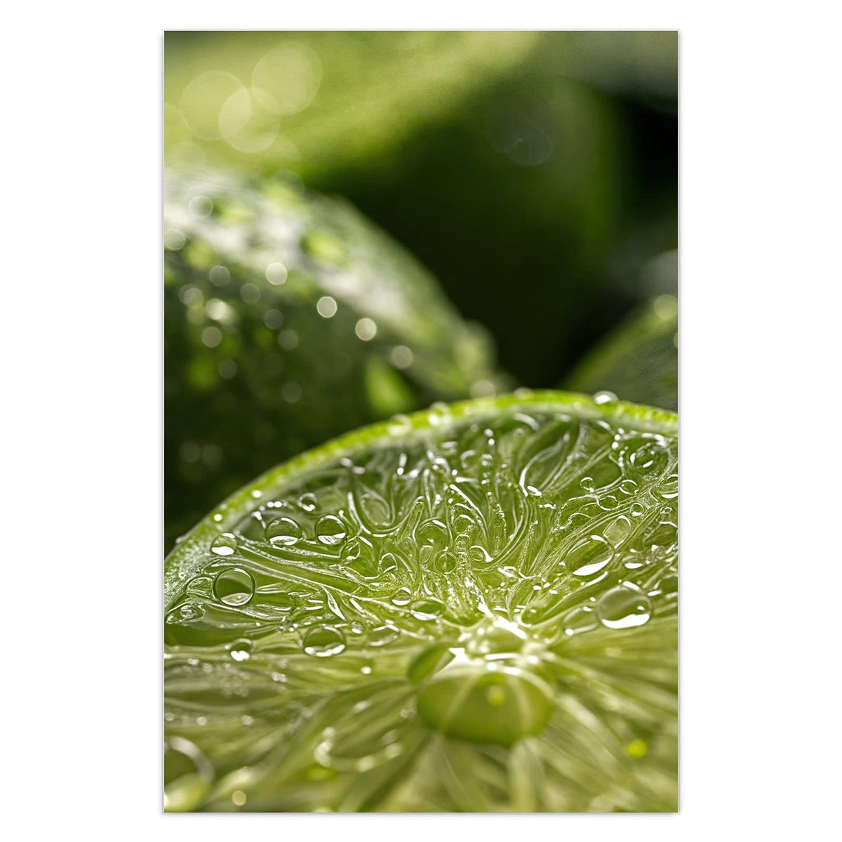 Makro einer aufgeschnittenen Limettenhälfte voller Wassertropfen, dahinter unscharfe grüne Limetten