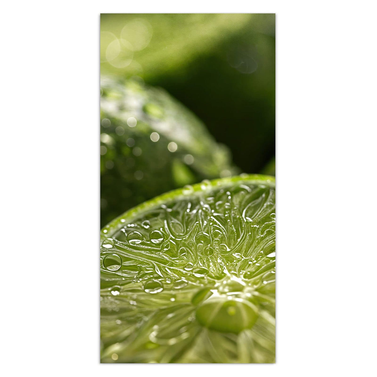 Makro einer aufgeschnittenen Limettenhälfte voller Wassertropfen, dahinter unscharfe grüne Limetten