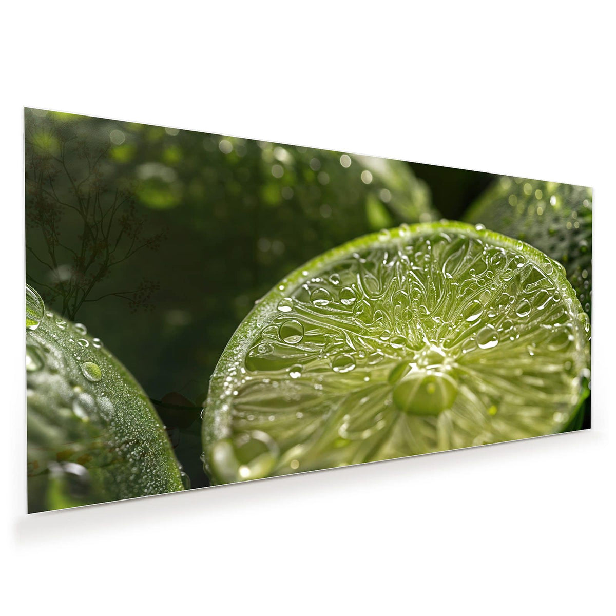 Makro einer aufgeschnittenen Limettenhälfte voller Wassertropfen, dahinter unscharfe grüne Limetten