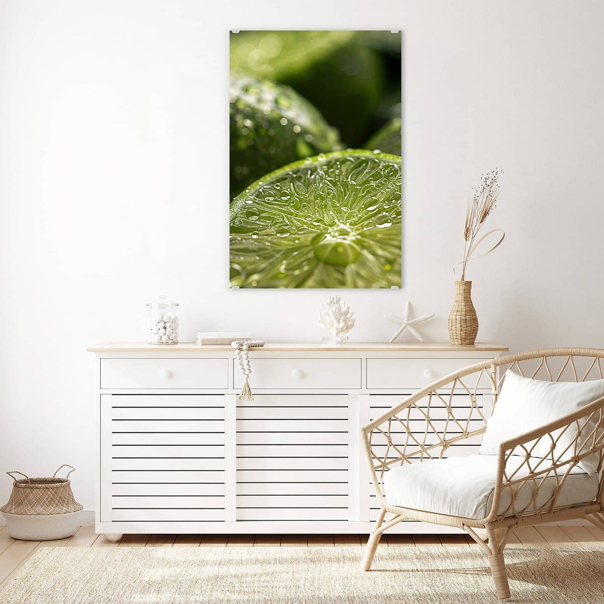 Glasbild Nasse Limettenscheibe an der Wand – Makro einer aufgeschnittenen Limettenhälfte voller Wassertropfen, dahinter unscharfe grüne Limetten