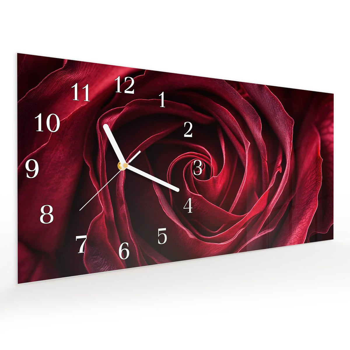 Vormontiert – mit Schwebeeffekt – Wanduhr Rose Makroaufnahme aus Glas – Querformat 60 × 30 cm