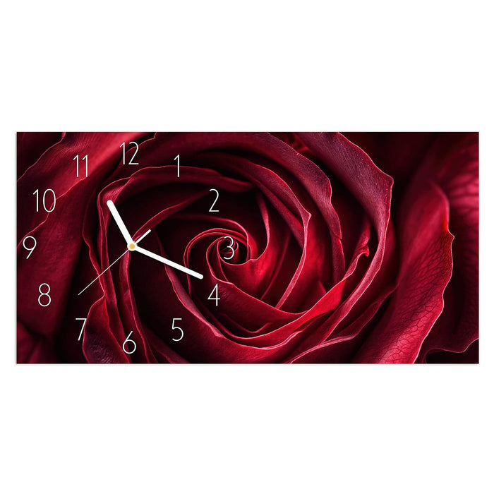 Wanduhr Rose Makroaufnahme aus Glas – Querformat 60 × 30 cm mit Ziffernblatt Elegant