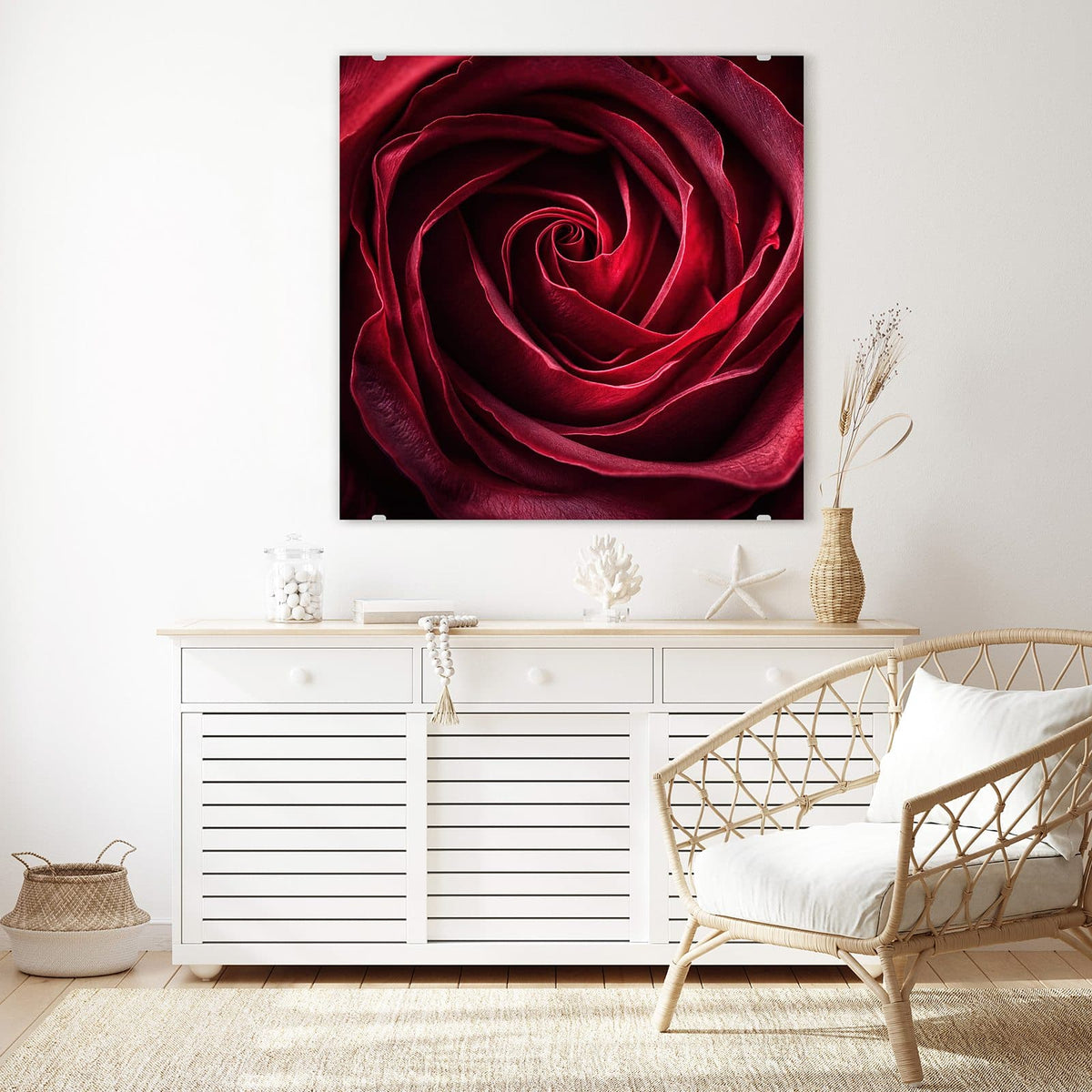 Echtglas, 4 mm – kein Acryl, keine Folie – Wandbild - Tiefrote Rosenblüte - Quadratisch