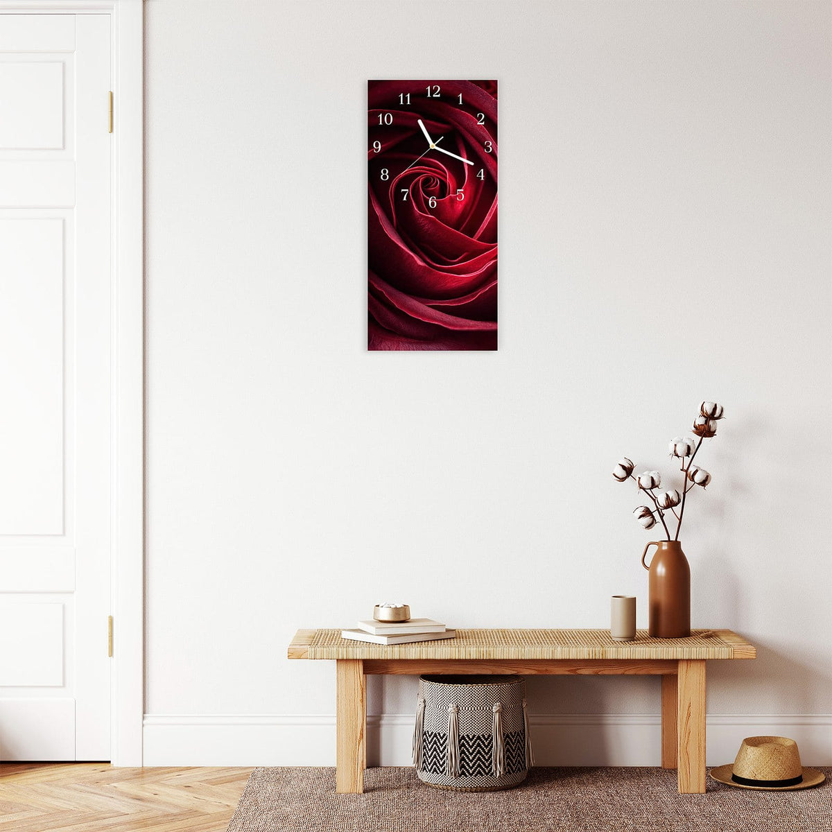 Moderne Wanduhr aus Glas mit Farbtiefe – Wanduhr Rose Makroaufnahme aus Glas – Hochformat 30 × 60 cm