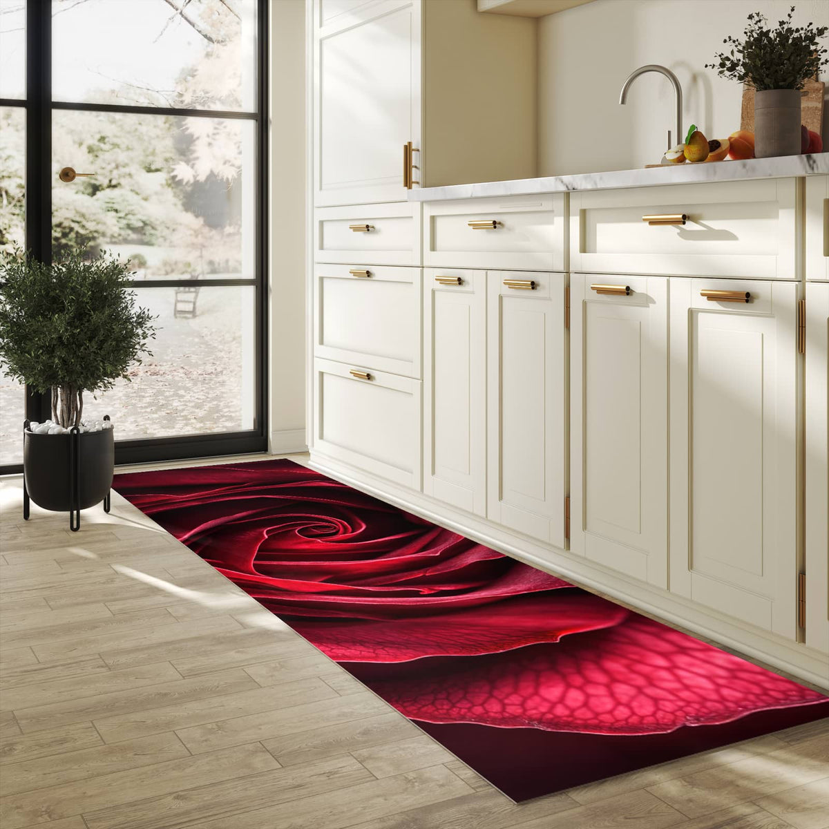 Pflegeleichter Küchenteppich mit Motiv Rose Makroaufnahme in heller Küche