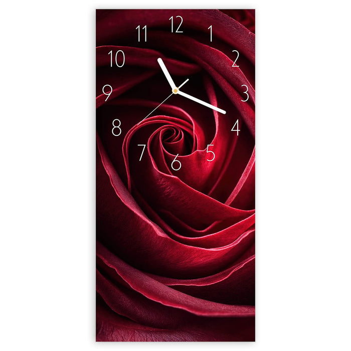 Wanduhr Rose Makroaufnahme aus Glas – Hochformat 30 × 60 cm mit Ziffernblatt Elegant