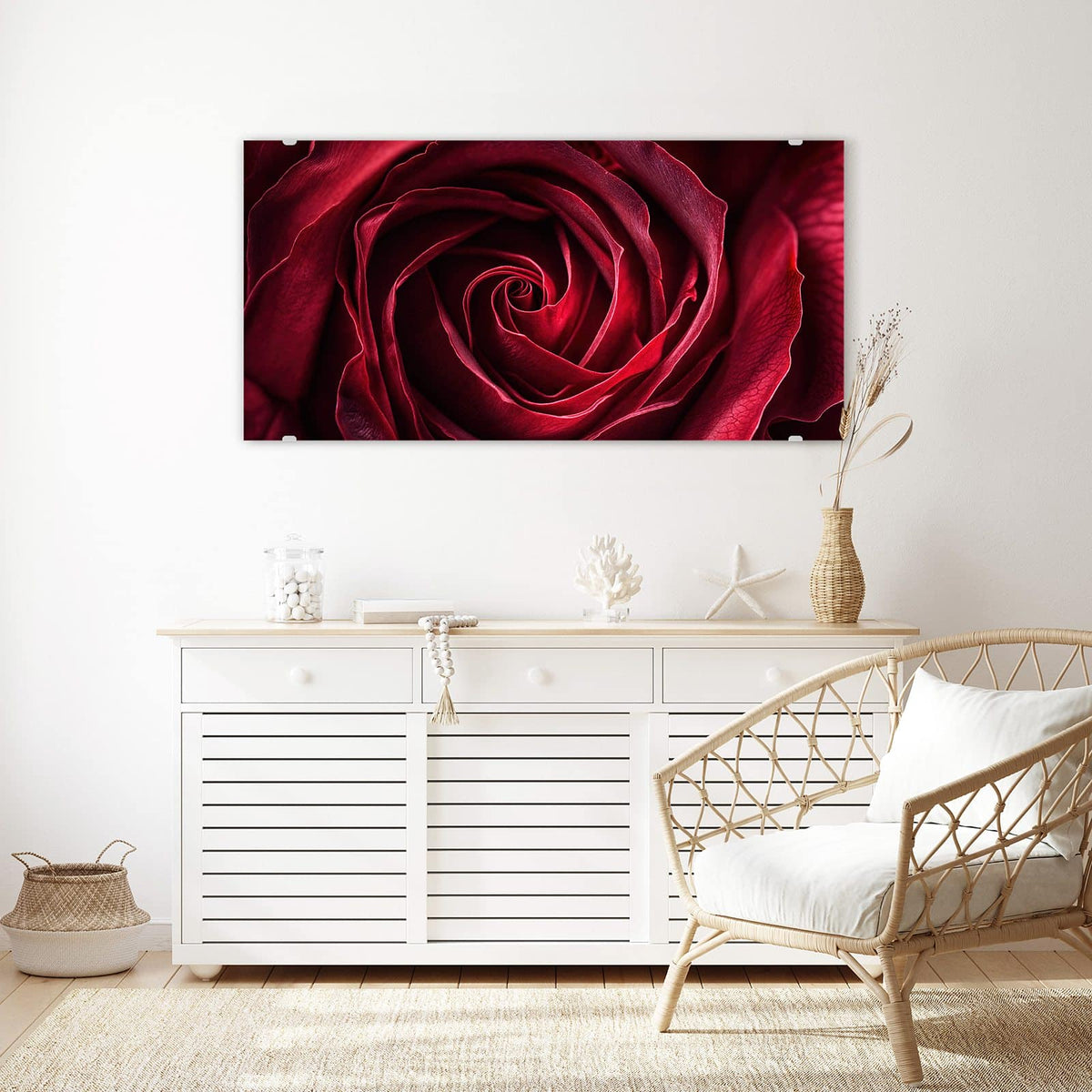 Echtglas, 4 mm – kein Acryl, keine Folie – Wandbild - Tiefrote Rosenblüte - Querformat