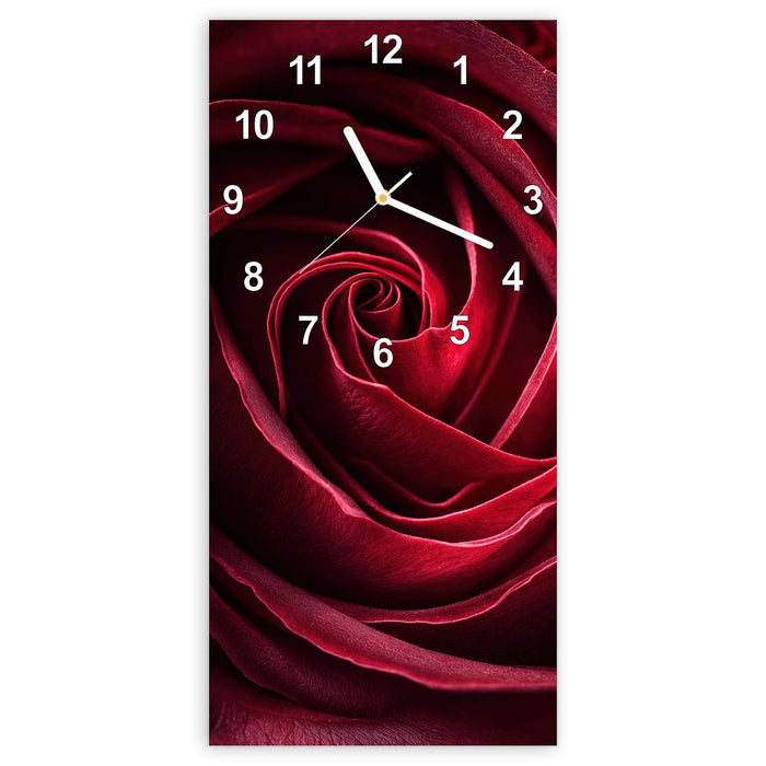 Wanduhr Rose Makroaufnahme aus Glas – Hochformat 30 × 60 cm mit Ziffernblatt Modern