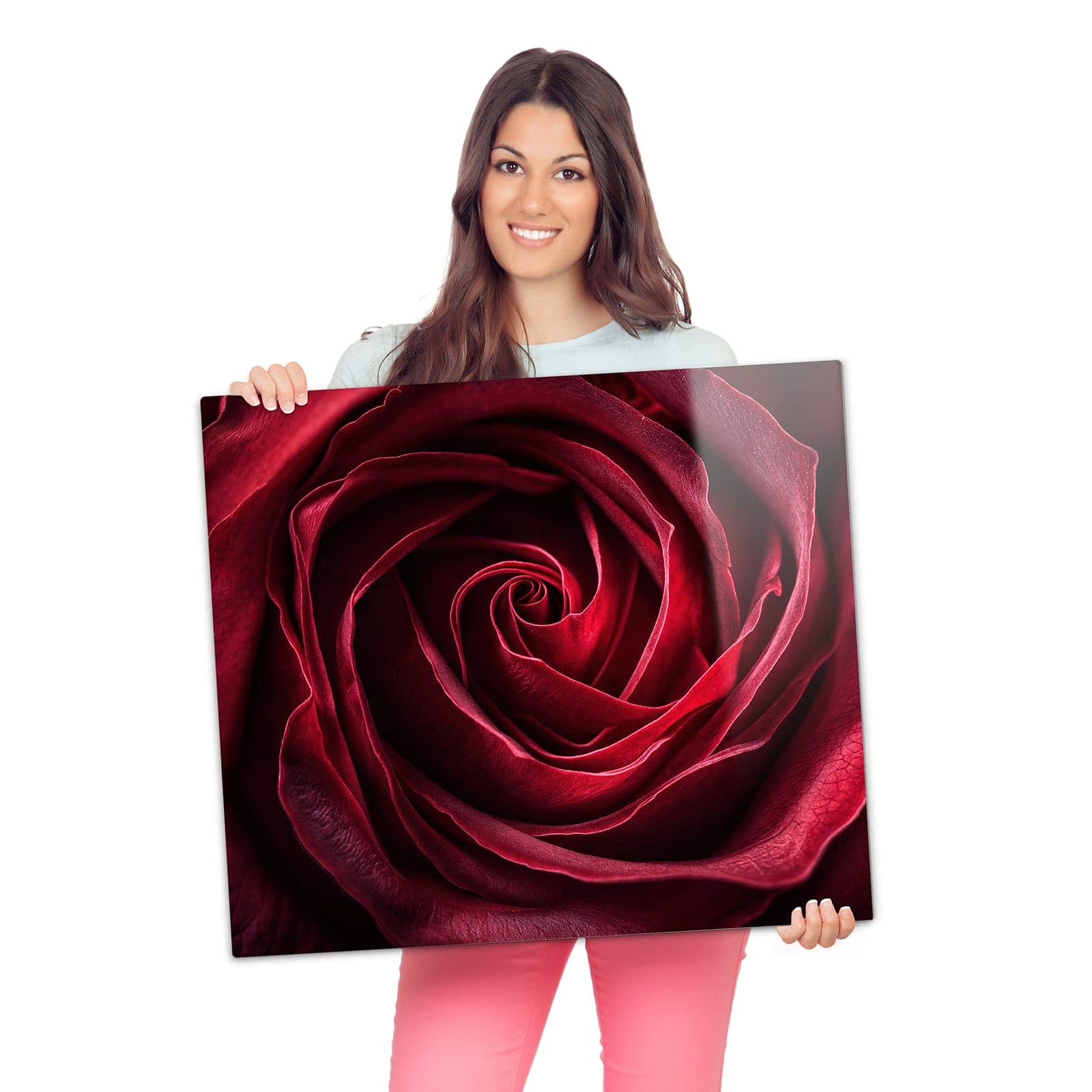 1-teilige Herdabdeckung mit Rose Makroaufnahme-Motiv wird zur Größendarstellung gehalten