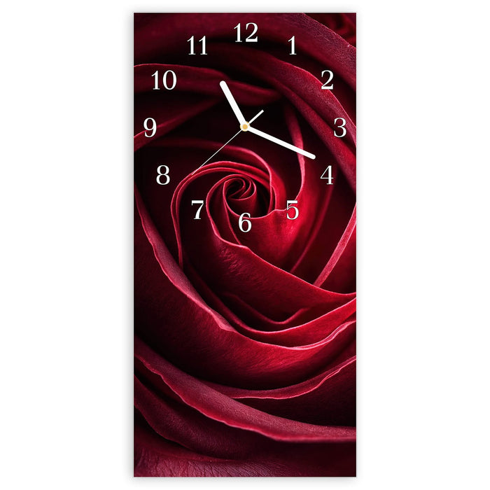 Wanduhr Rose Makroaufnahme aus Glas – Hochformat 30 × 60 cm mit Ziffernblatt Klassisch