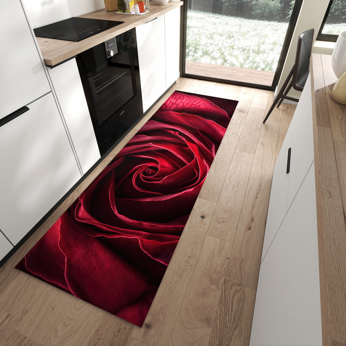Rutschfester waschbarer Küchenteppich mit Motiv Rose Makroaufnahme in moderner Küche