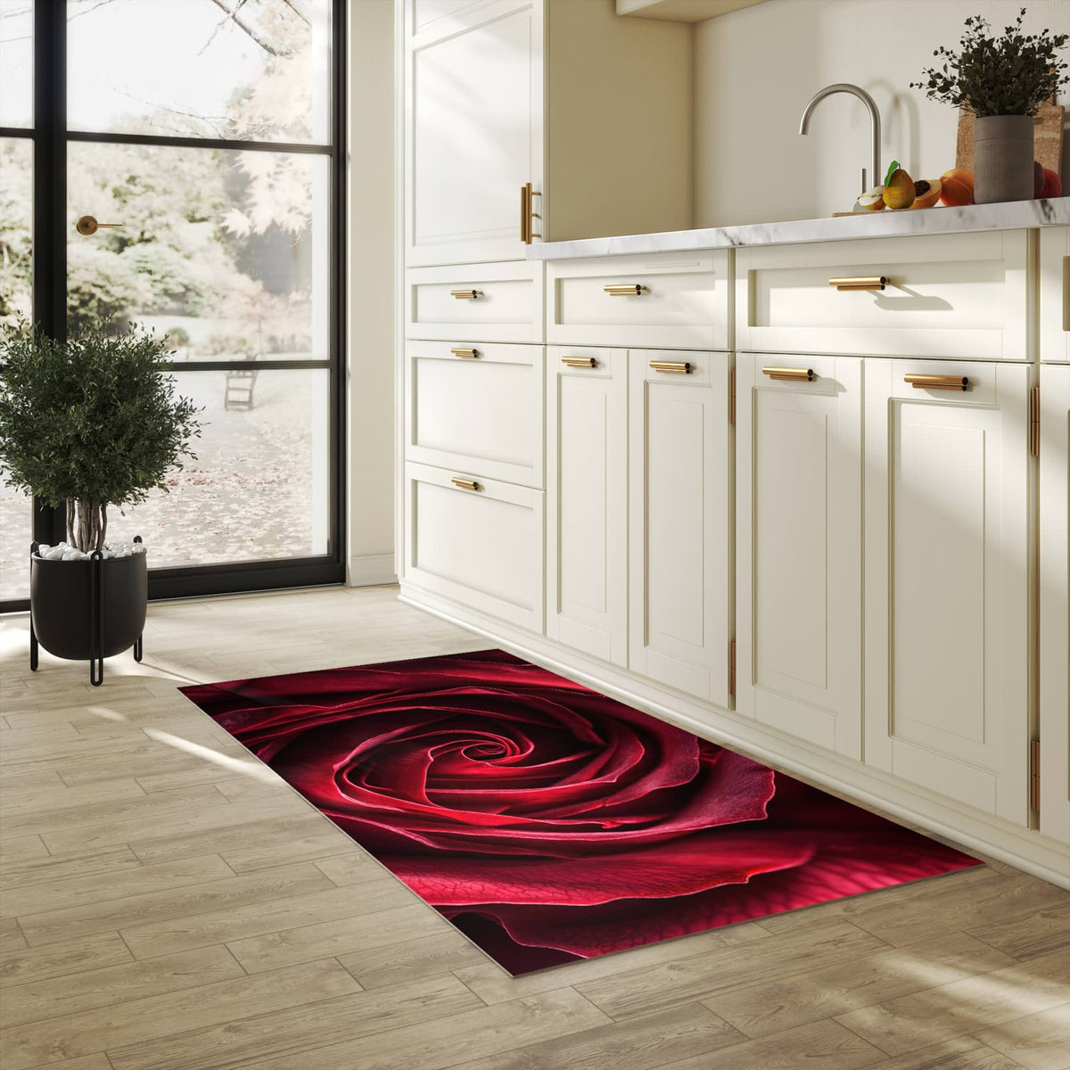Küchenteppich mit Motiv Rose Makroaufnahme für angenehme Haptik in heller Küche