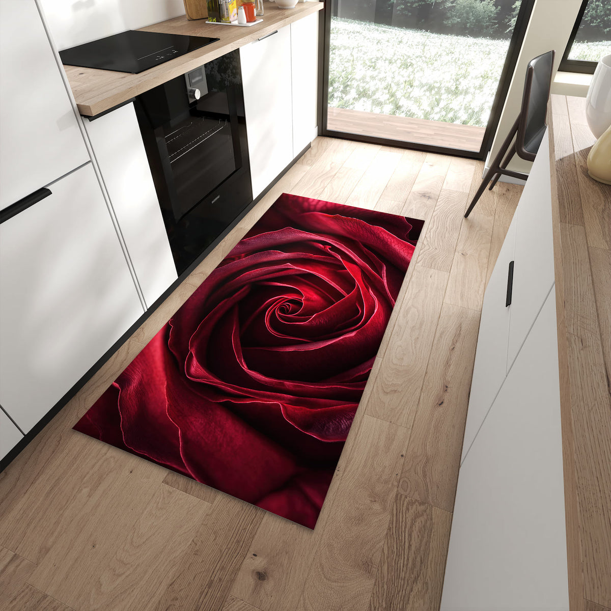 Ordnungsschaffender Teppichläufer mit Motiv Rose Makroaufnahme in moderner Küche