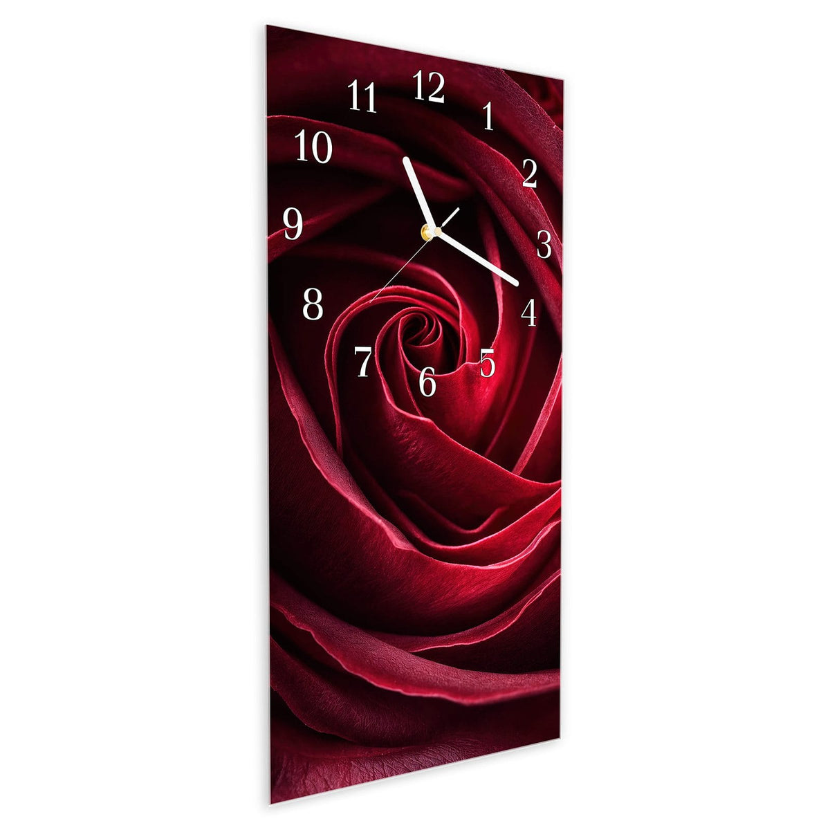 Vormontiert – mit Schwebeeffekt – Wanduhr Rose Makroaufnahme aus Glas – Hochformat 30 × 60 cm