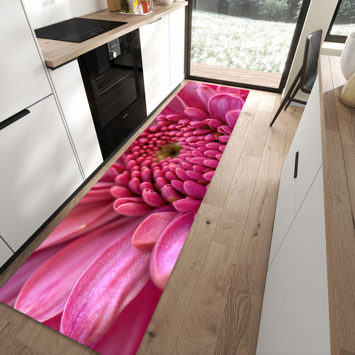 Langlebiger Küchenteppich mit Motiv Nahaufnahme Blume in moderner Küche