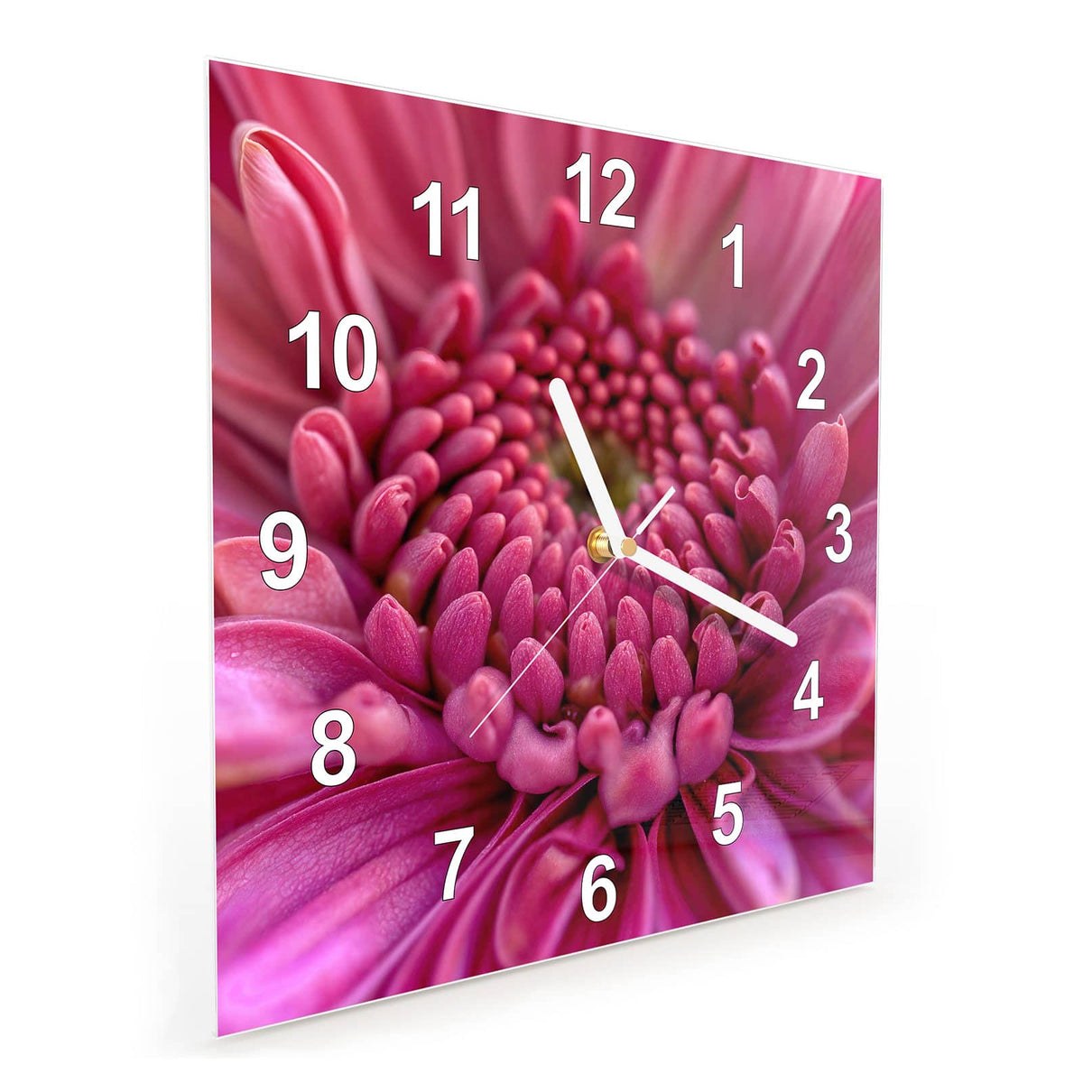 Quadratische Wanduhr aus Glas Pinke Blütenspirale schräg von der Seite, 4 mm starkes Glas
