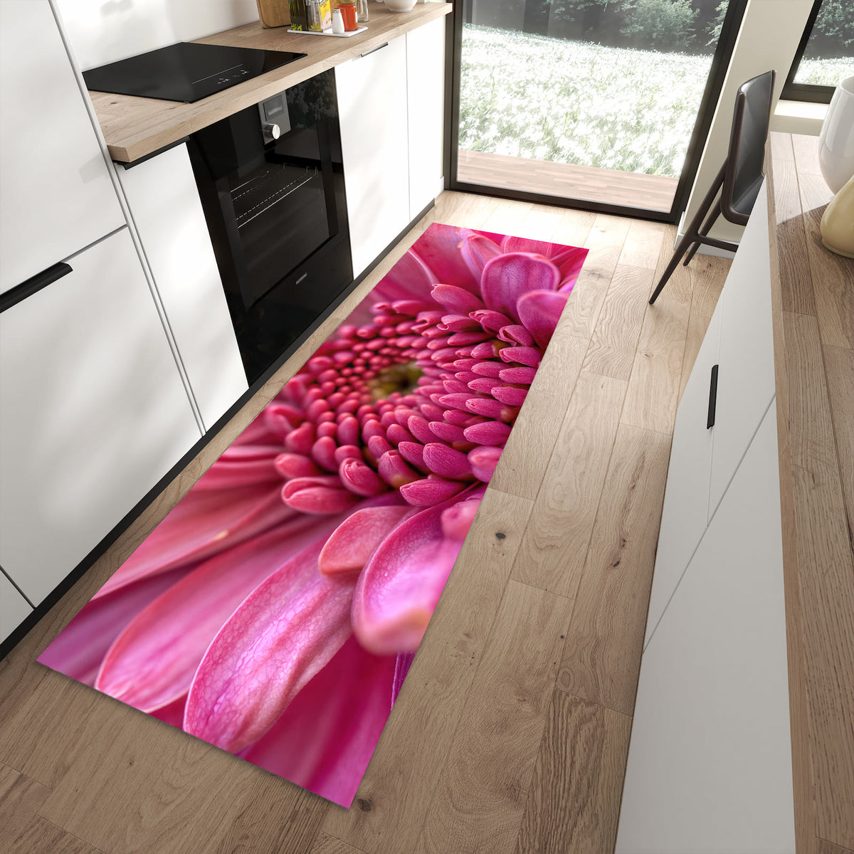 Schmutzabweisender Küchenläufer mit Motiv Nahaufnahme Blume in moderner Küche