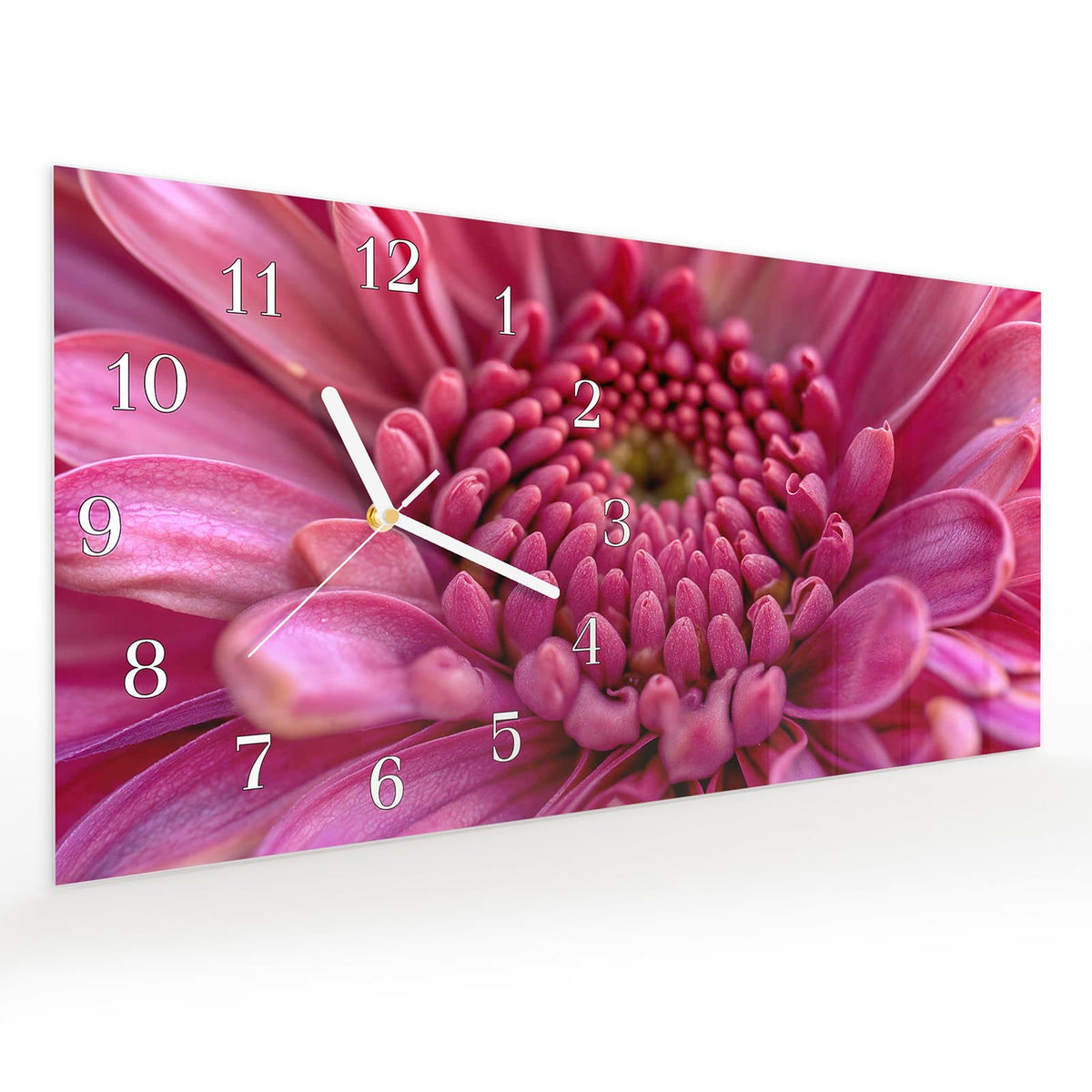 Vormontiert – mit Schwebeeffekt – Wanduhr Nahaufnahme Blume aus Glas – Querformat 60 × 30 cm