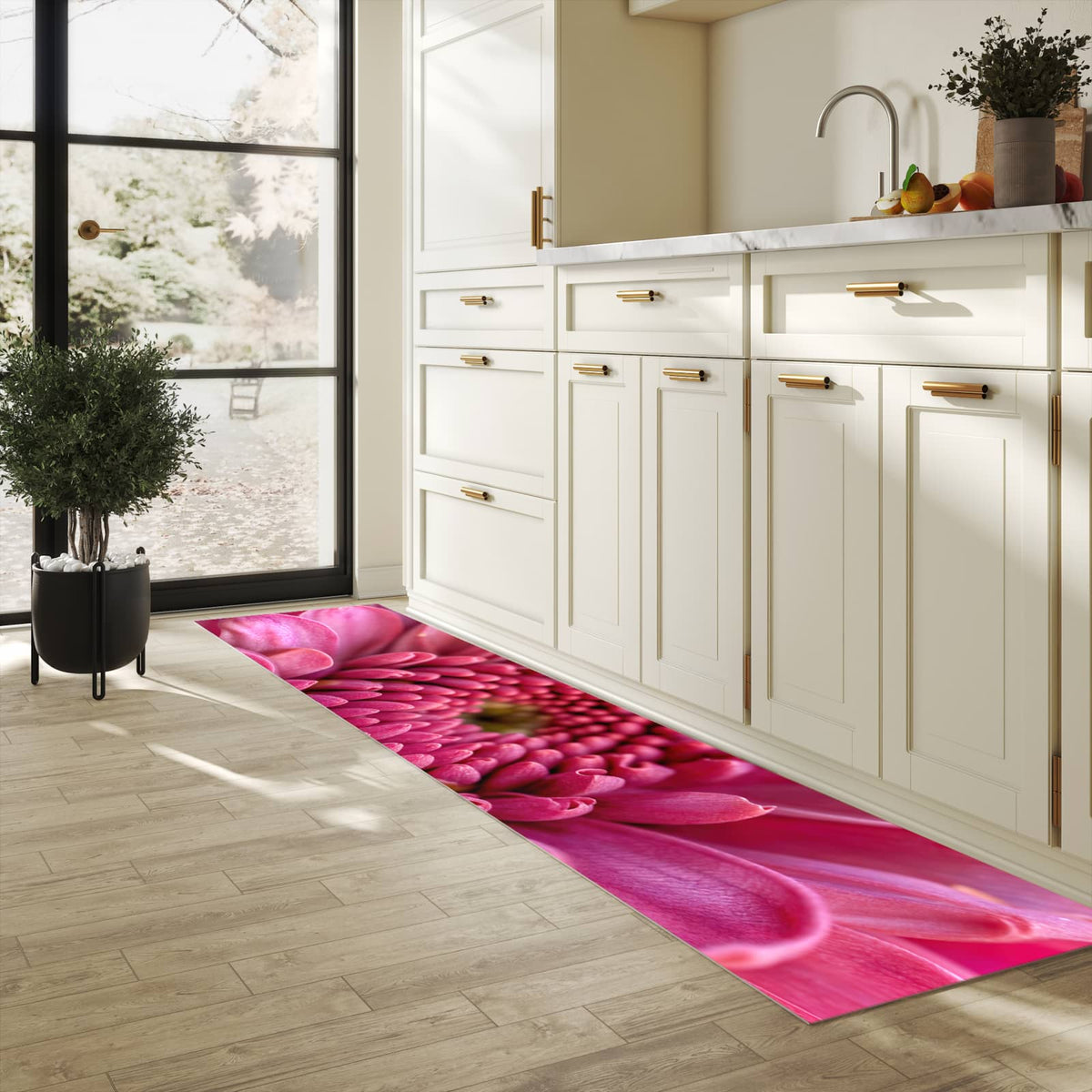 Bodenschonender großer Küchenteppich mit Motiv Nahaufnahme Blume in heller Küche