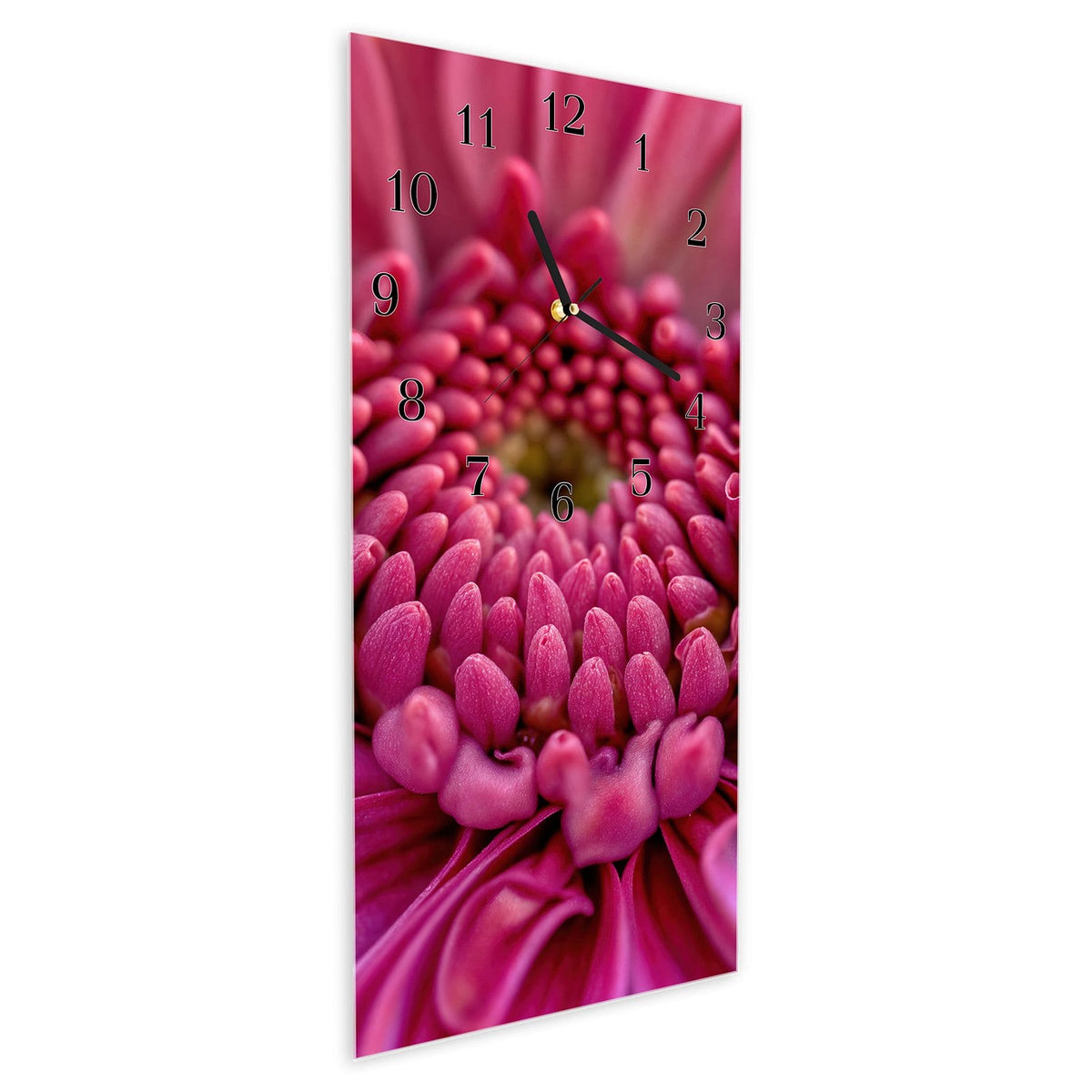Vormontiert – mit Schwebeeffekt – Wanduhr Nahaufnahme Blume aus Glas – Hochformat 30 × 60 cm
