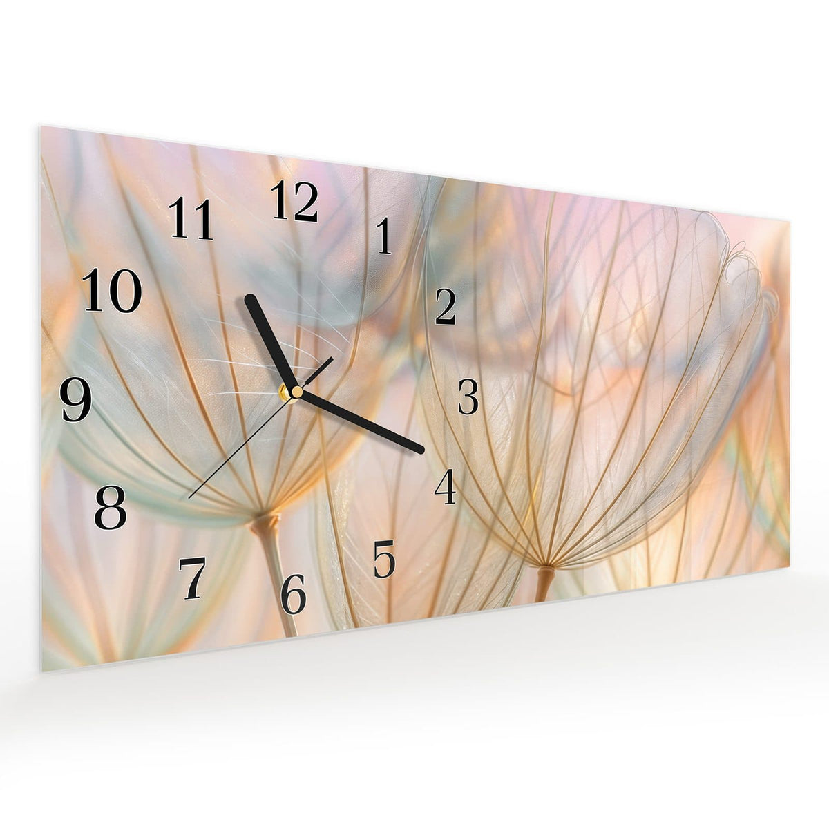Vormontiert – mit Schwebeeffekt – Wanduhr Pusteblumen Kunst aus Glas – Querformat 60 × 30 cm