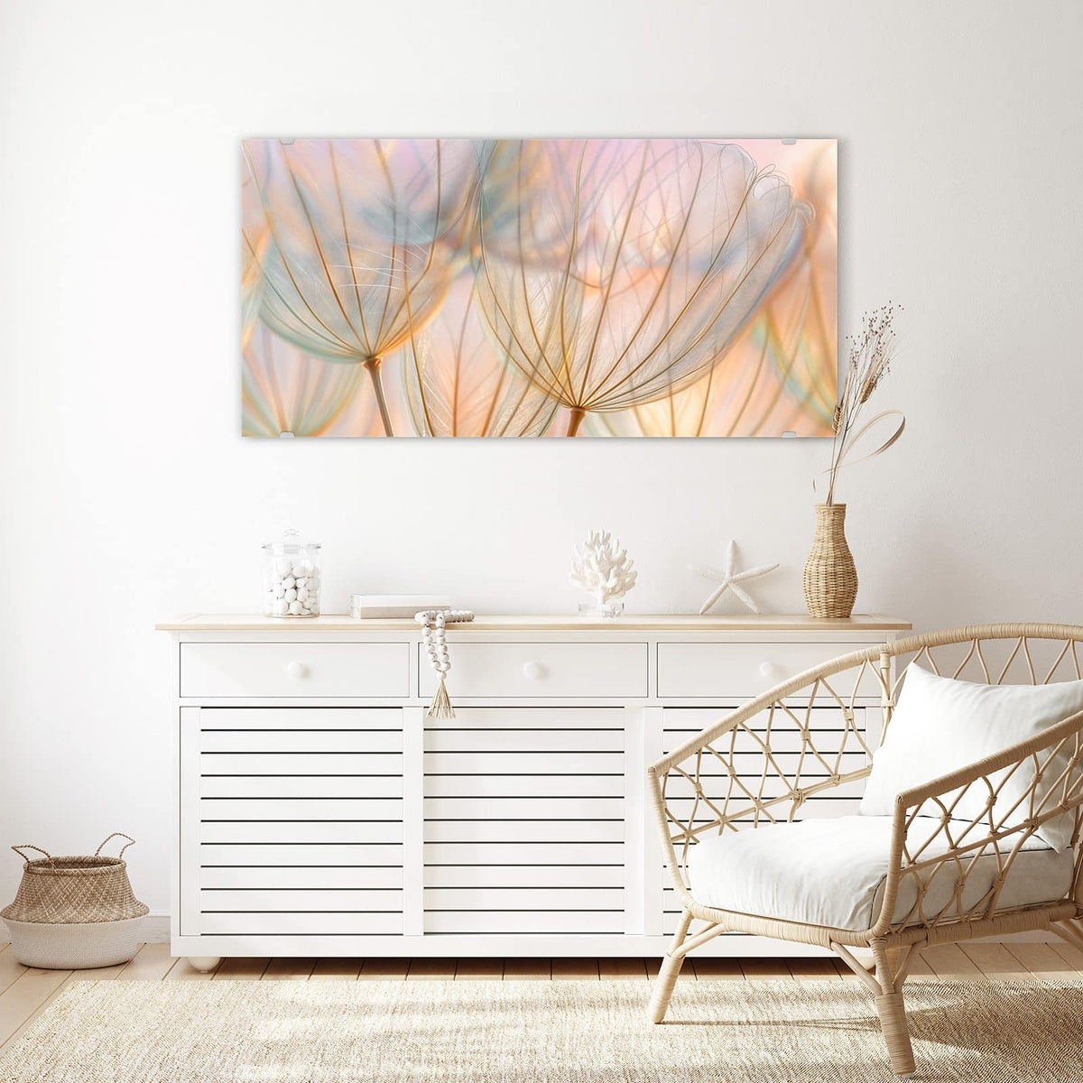 Echtglas, 4 mm – kein Acryl, keine Folie – Wandbild - Pusteblume in Pastell - Querformat