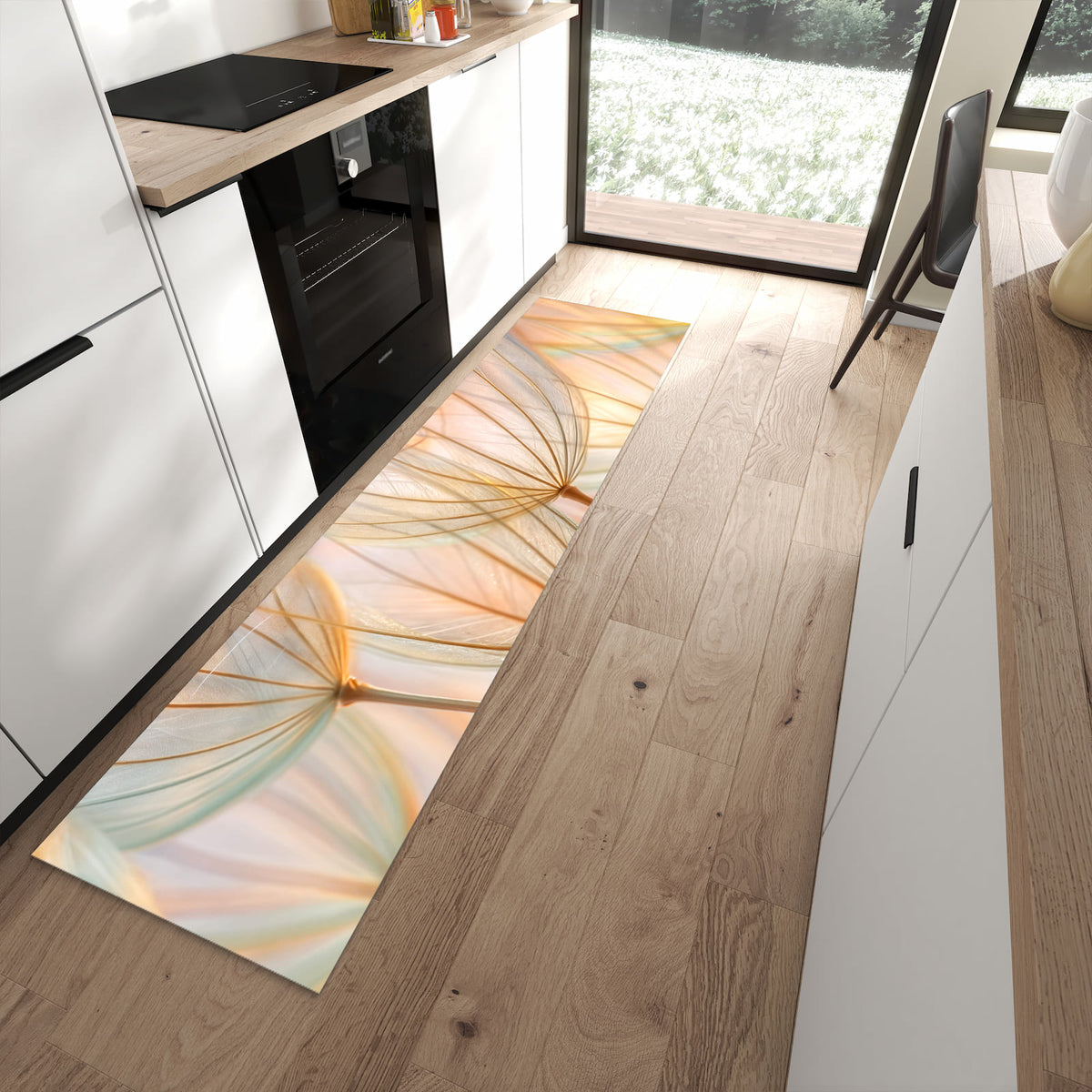Strapazierfähiger waschbarer Küchenteppich mit Motiv Pusteblumen Kunst in moderner Küche