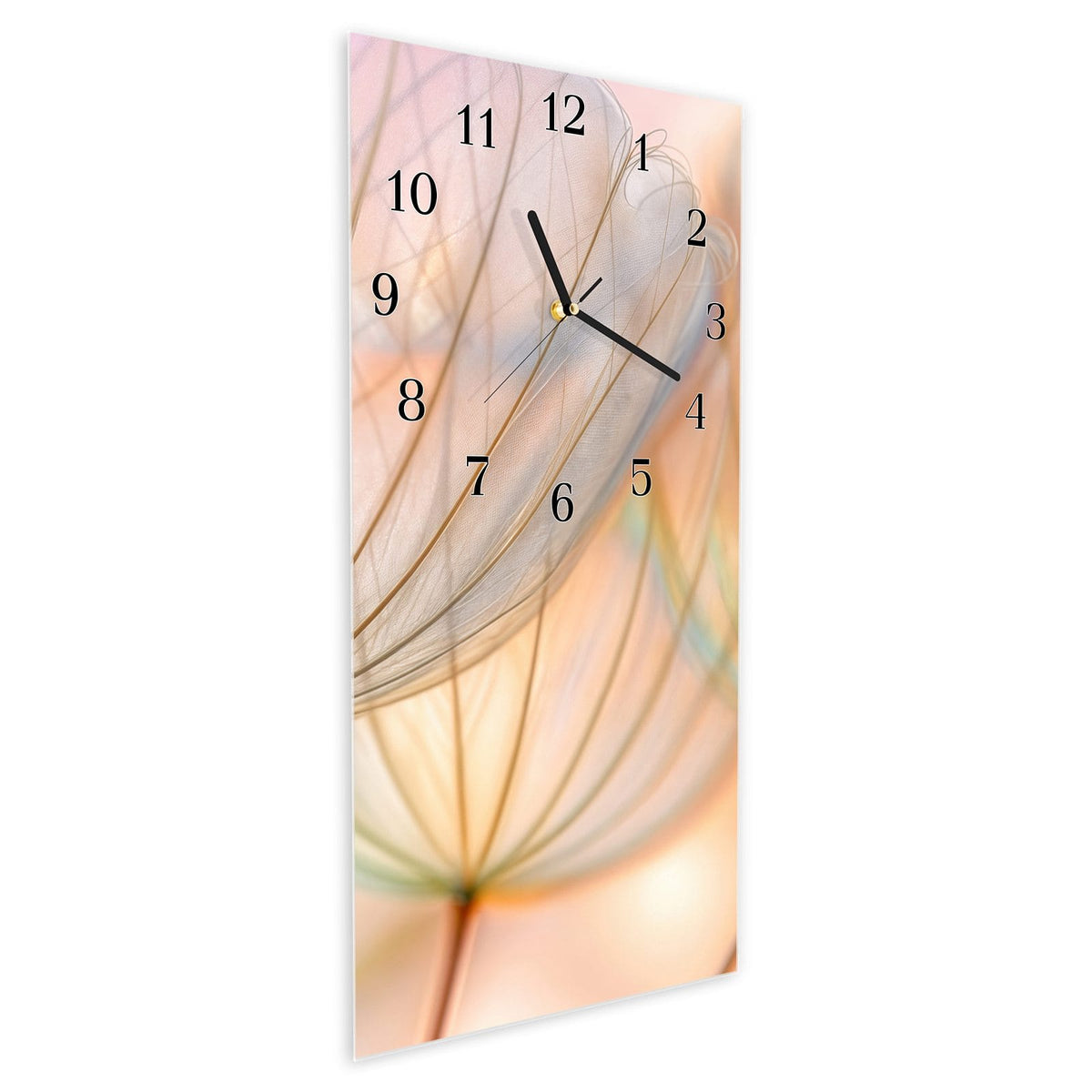 Vormontiert – mit Schwebeeffekt – Wanduhr Pusteblumen Kunst aus Glas – Hochformat 30 × 60 cm
