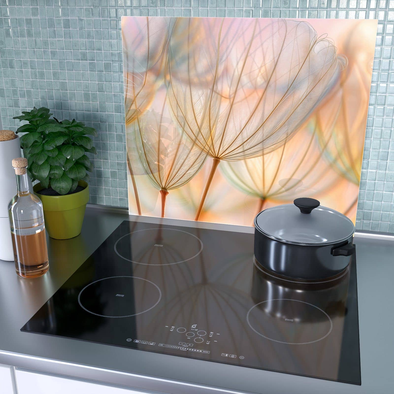 1-teilige Herdabdeckplatte mit Pusteblumen Kunst-Motiv als Spritzschutz hinter dem Kochfeld