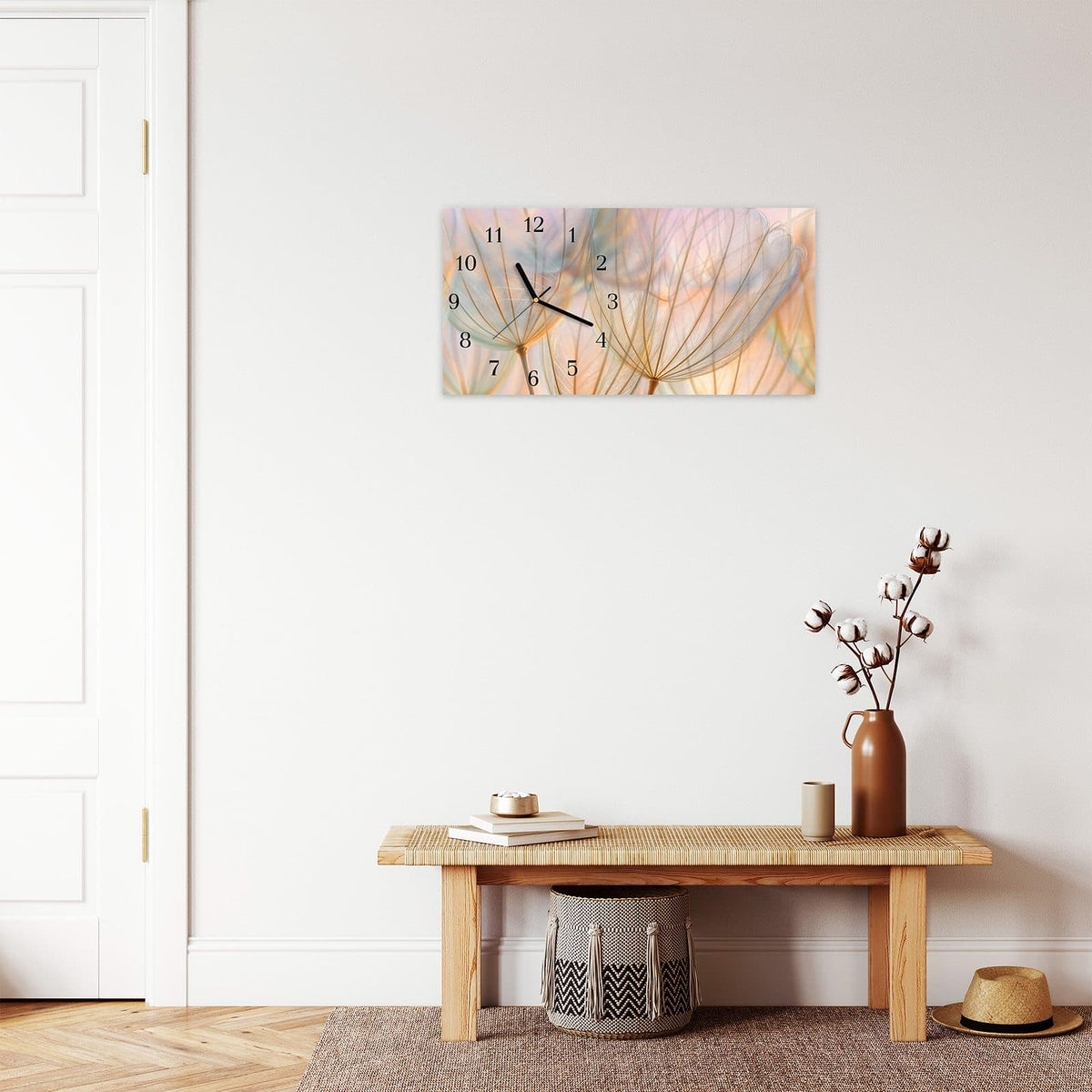 Moderne Wanduhr aus Glas mit Farbtiefe – Wanduhr Pusteblumen Kunst aus Glas – Querformat 60 × 30 cm