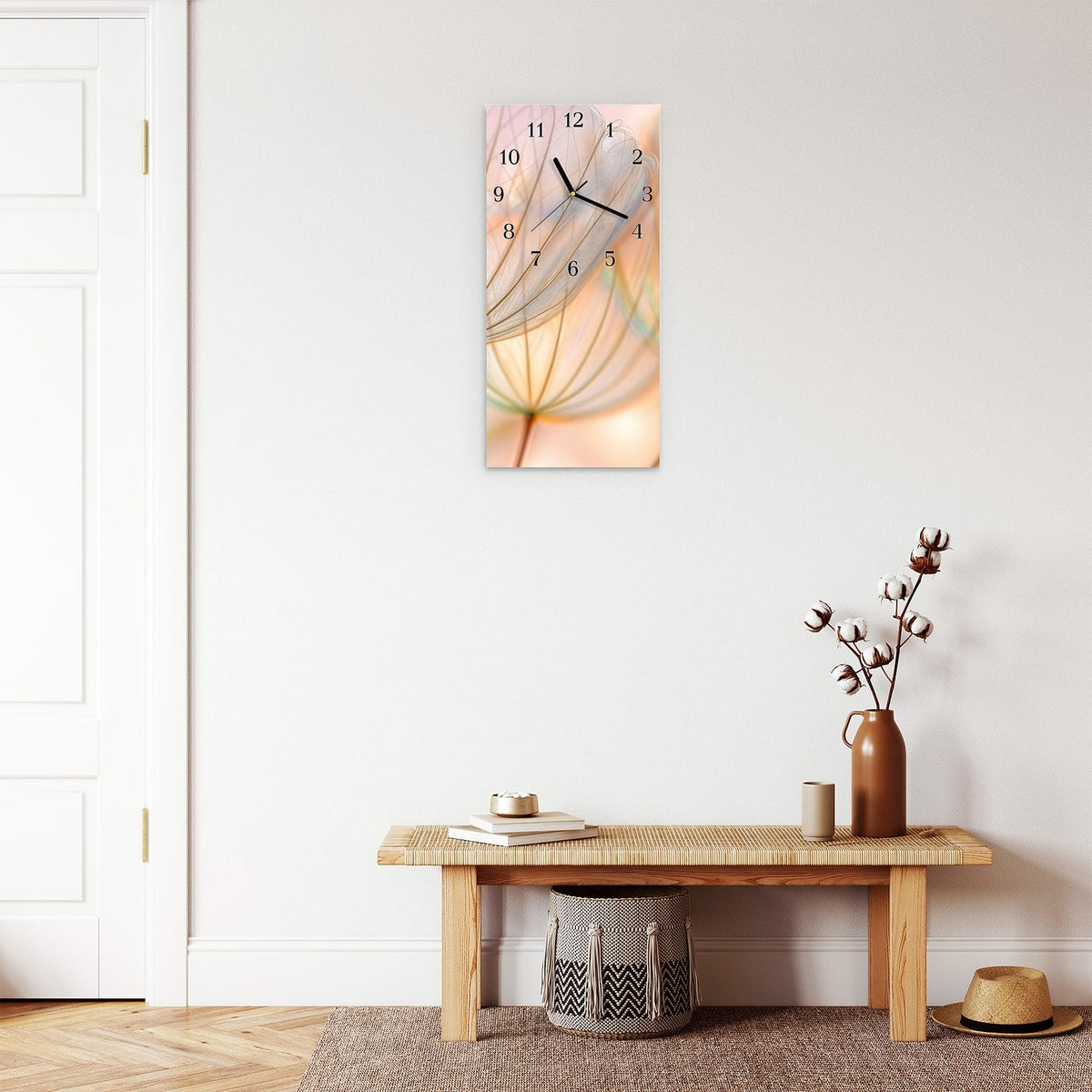 Moderne Wanduhr aus Glas mit Farbtiefe – Wanduhr Pusteblumen Kunst aus Glas – Hochformat 30 × 60 cm