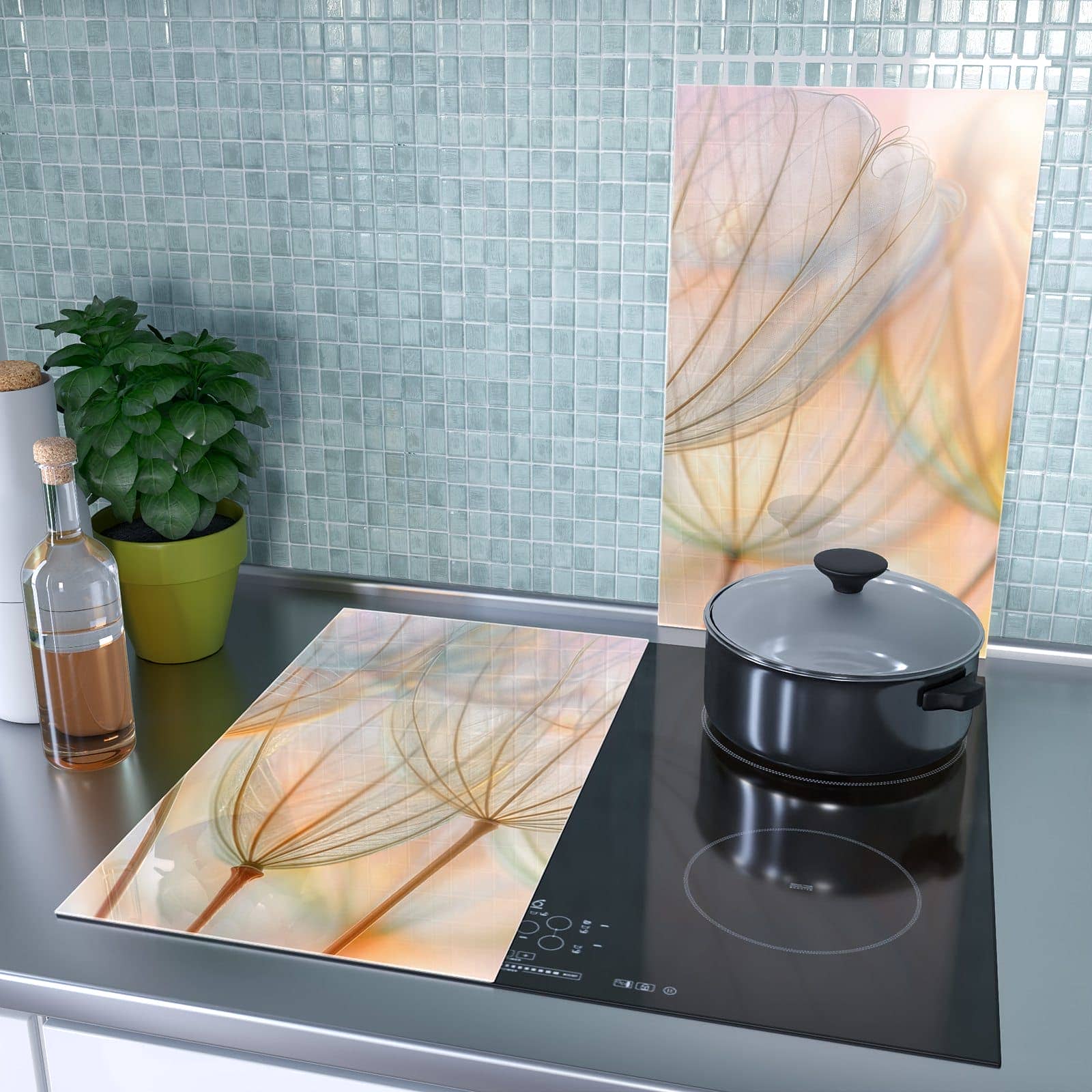 2-teilige Abdeckplatten für den Herd mit Pusteblumen Kunst-Motiv als Spritzschutz hinter dem Kochfeld