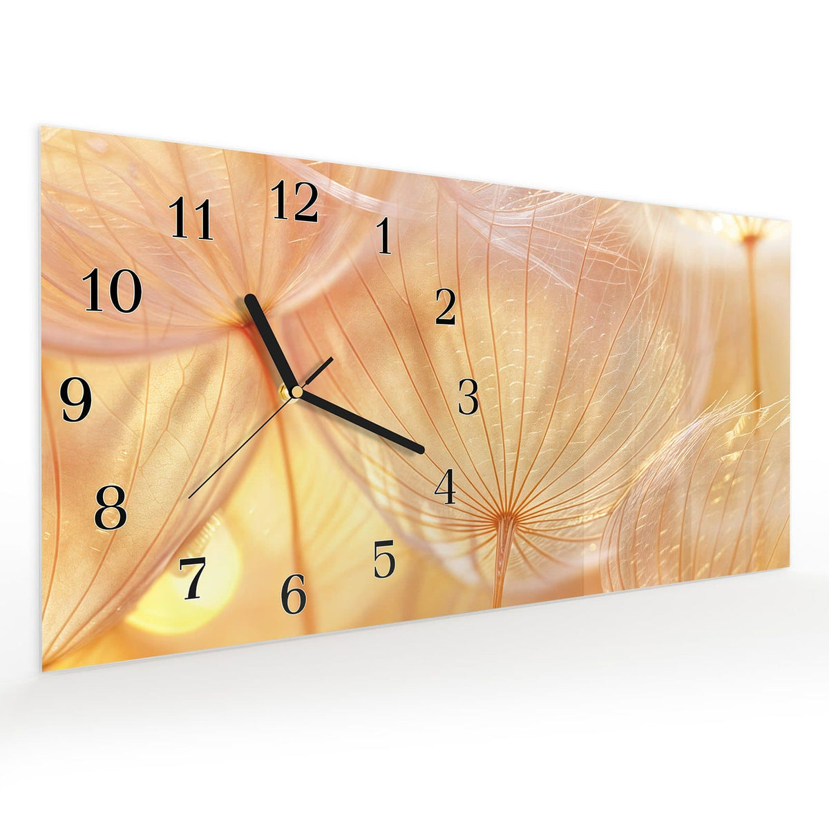Vormontiert – mit Schwebeeffekt – Wanduhr Dandelion Makroaufnahme aus Glas – Querformat 60 × 30 cm