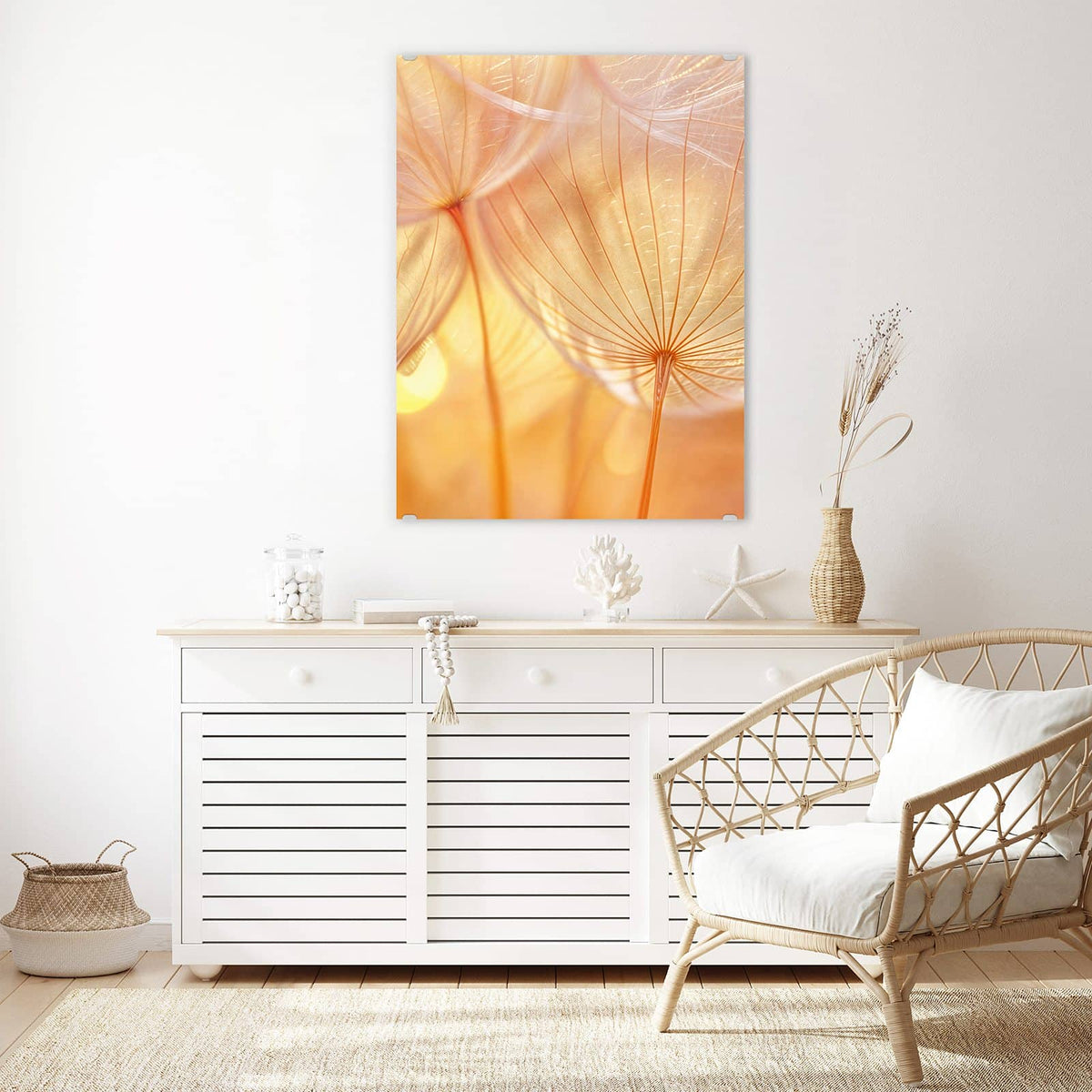 Aufhängung liegt bei – Motiv später wechselbar – Wandbild - Pusteblume im Goldlicht - Hochformat