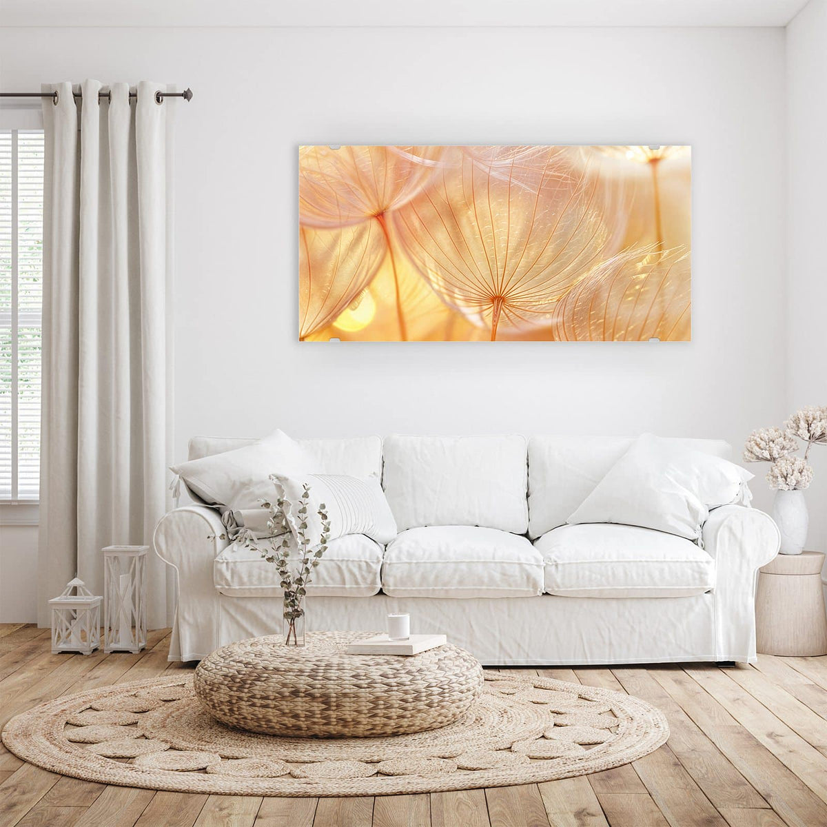 Wandbild - Pusteblume im Goldlicht - Querformat – Goldene Pusteblume in Nahaufnahme