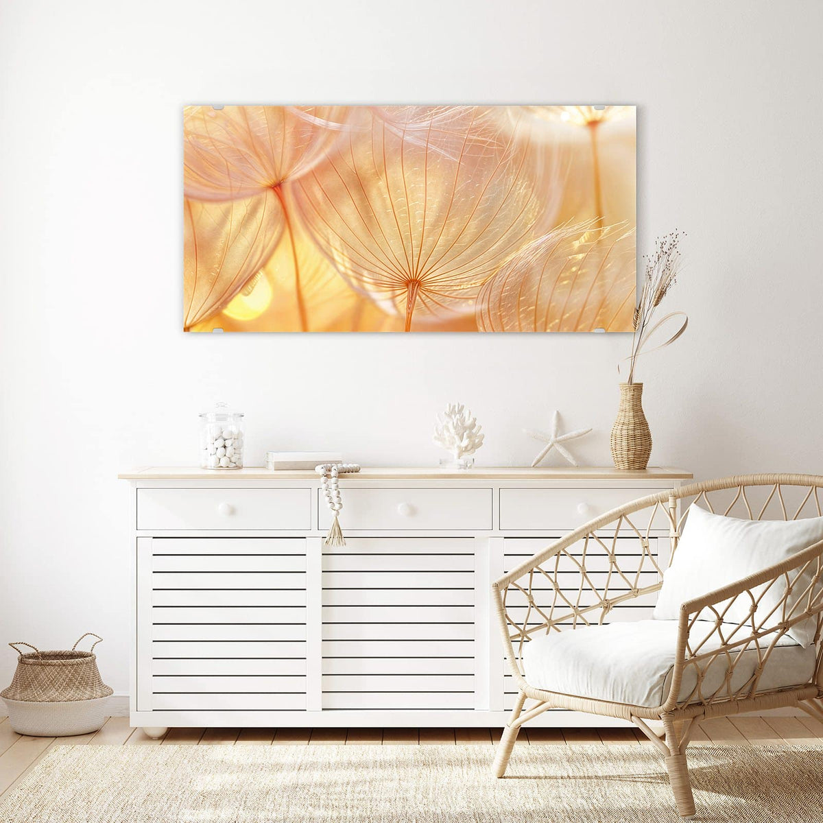 Echtglas, 4 mm – kein Acryl, keine Folie – Wandbild - Pusteblume im Goldlicht - Querformat