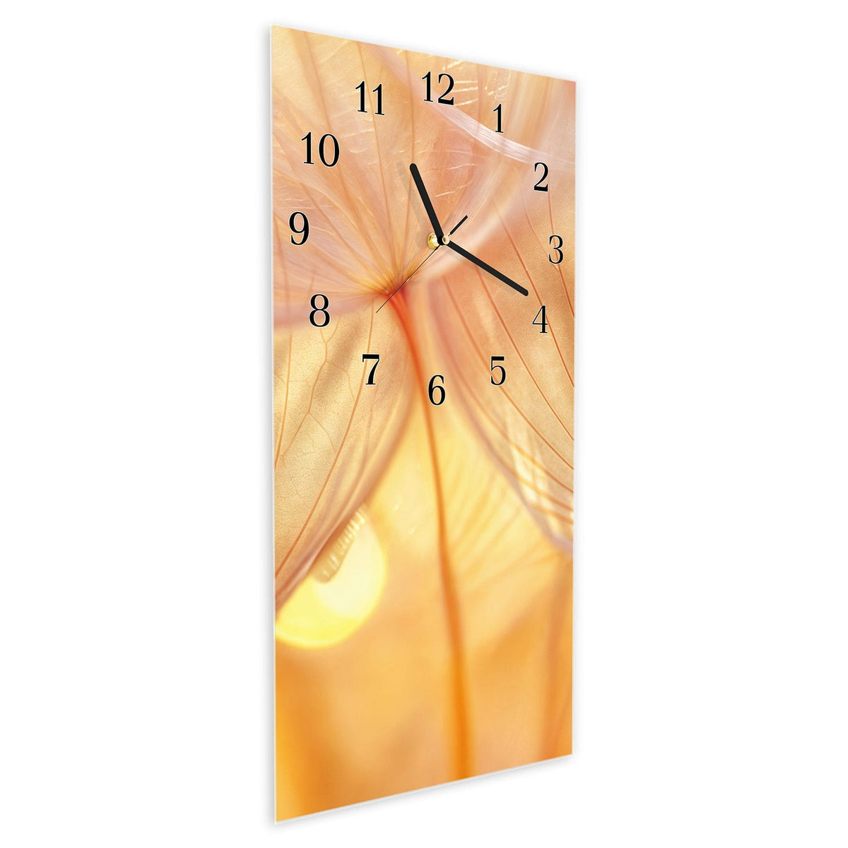 Vormontiert – mit Schwebeeffekt – Wanduhr Dandelion Makroaufnahme aus Glas – Hochformat 30 × 60 cm