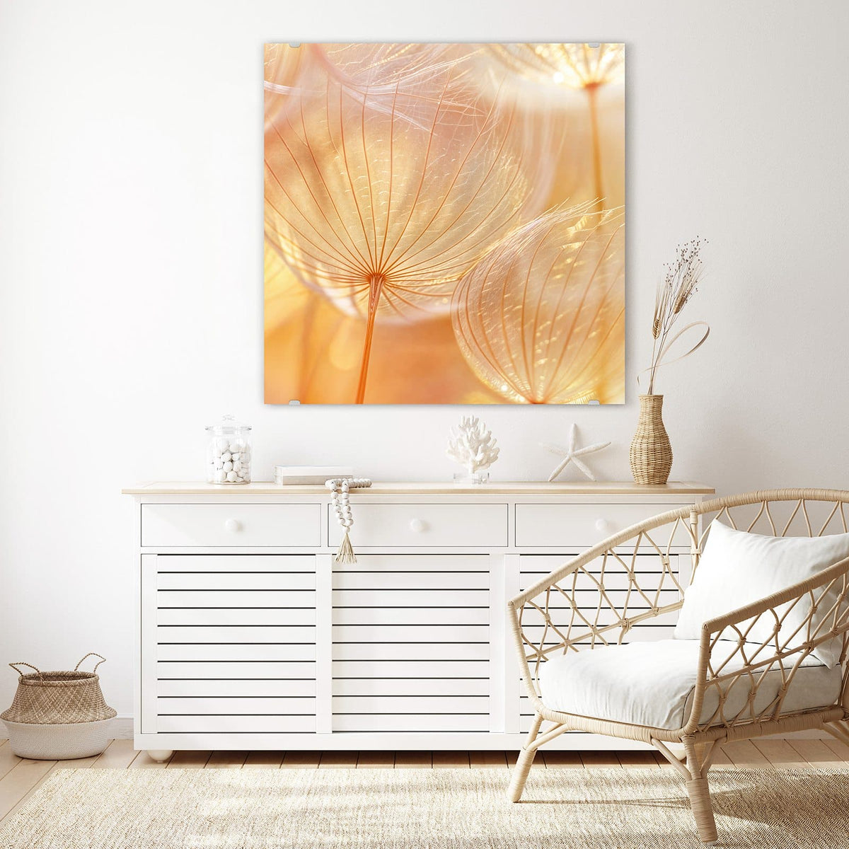 Echtglas, 4 mm – kein Acryl, keine Folie – Wandbild - Pusteblume im Goldlicht - Quadratisch