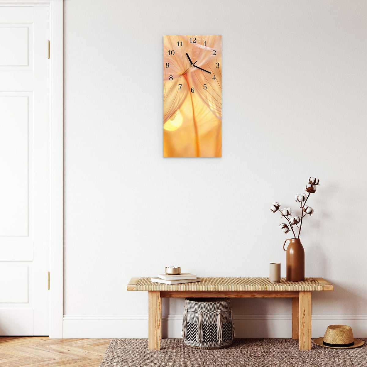 Moderne Wanduhr aus Glas mit Farbtiefe – Wanduhr Dandelion Makroaufnahme aus Glas – Hochformat 30 × 60 cm