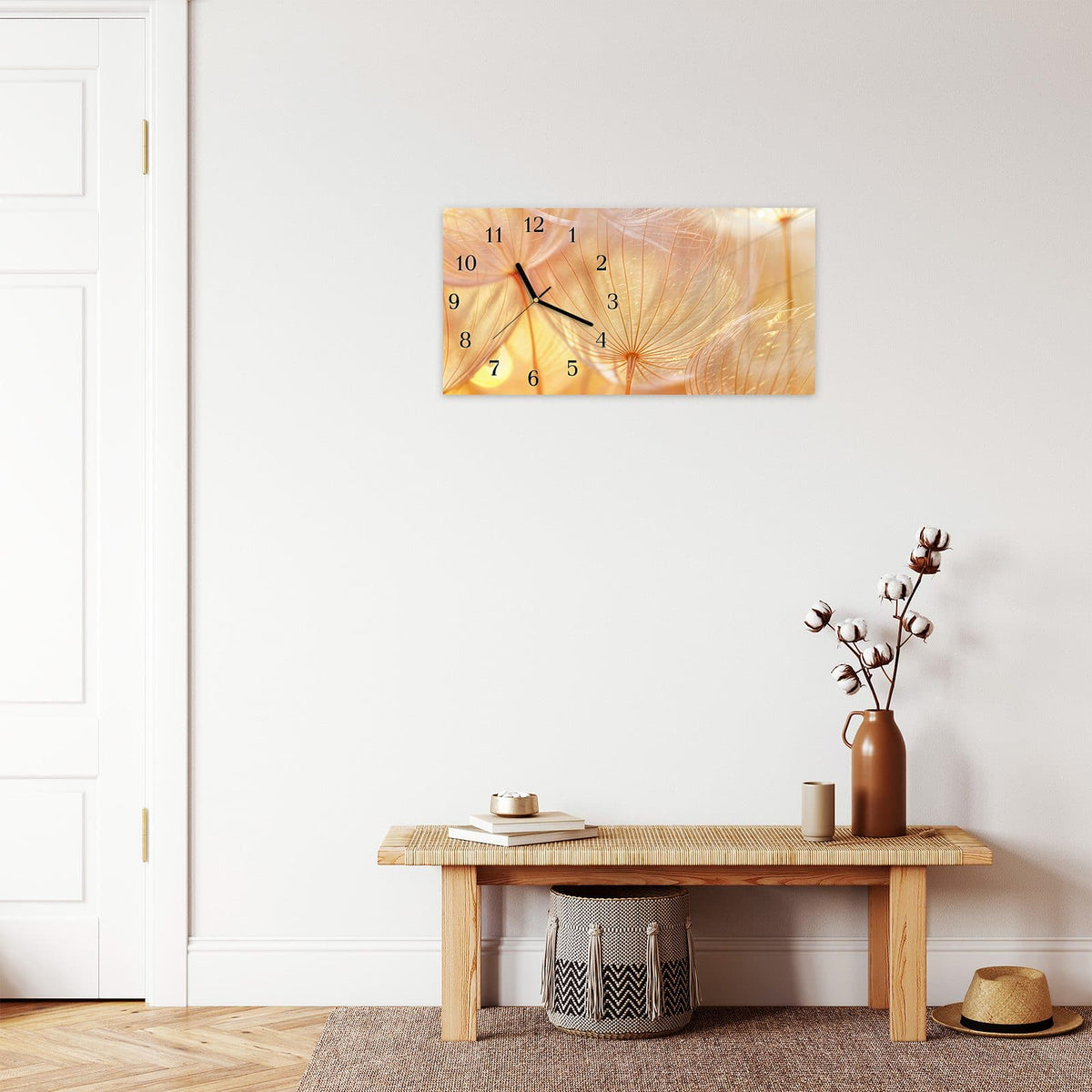 Moderne Wanduhr aus Glas mit Farbtiefe – Wanduhr Dandelion Makroaufnahme aus Glas – Querformat 60 × 30 cm