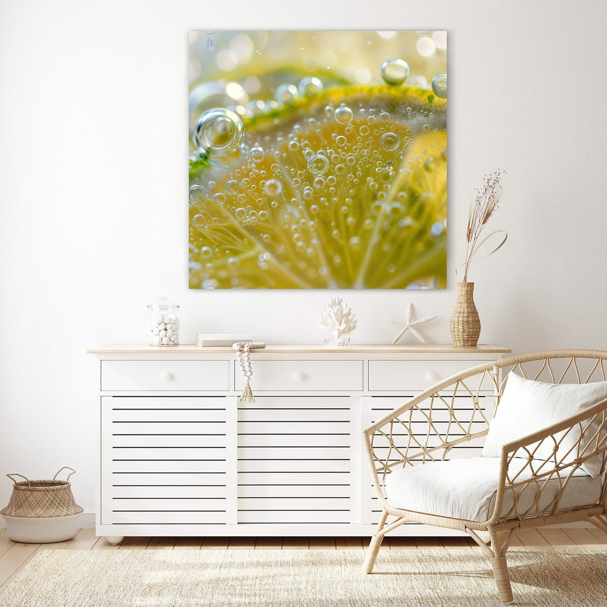 Echtglas, 4 mm – kein Acryl, keine Folie – Wandbild - Zitrone im Sprudel - Quadratisch