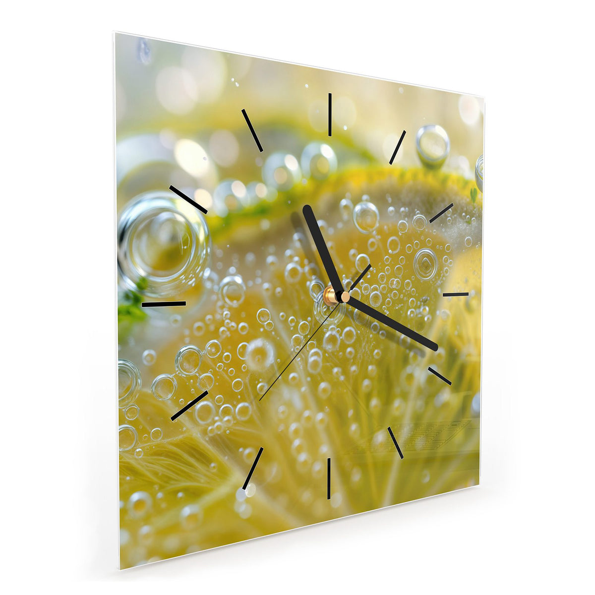 Quadratische Wanduhr aus Glas Zitrone im Sprudel schräg von der Seite, 4 mm starkes Glas
