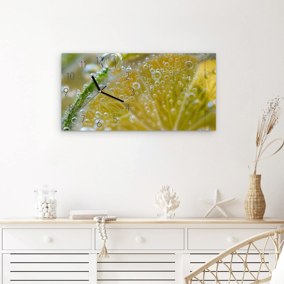 Wanduhr Sanfte Zitronenscheibe aus Glas – Querformat 60 × 30 cm – Zitronenscheibe mit Sprudelbläschen