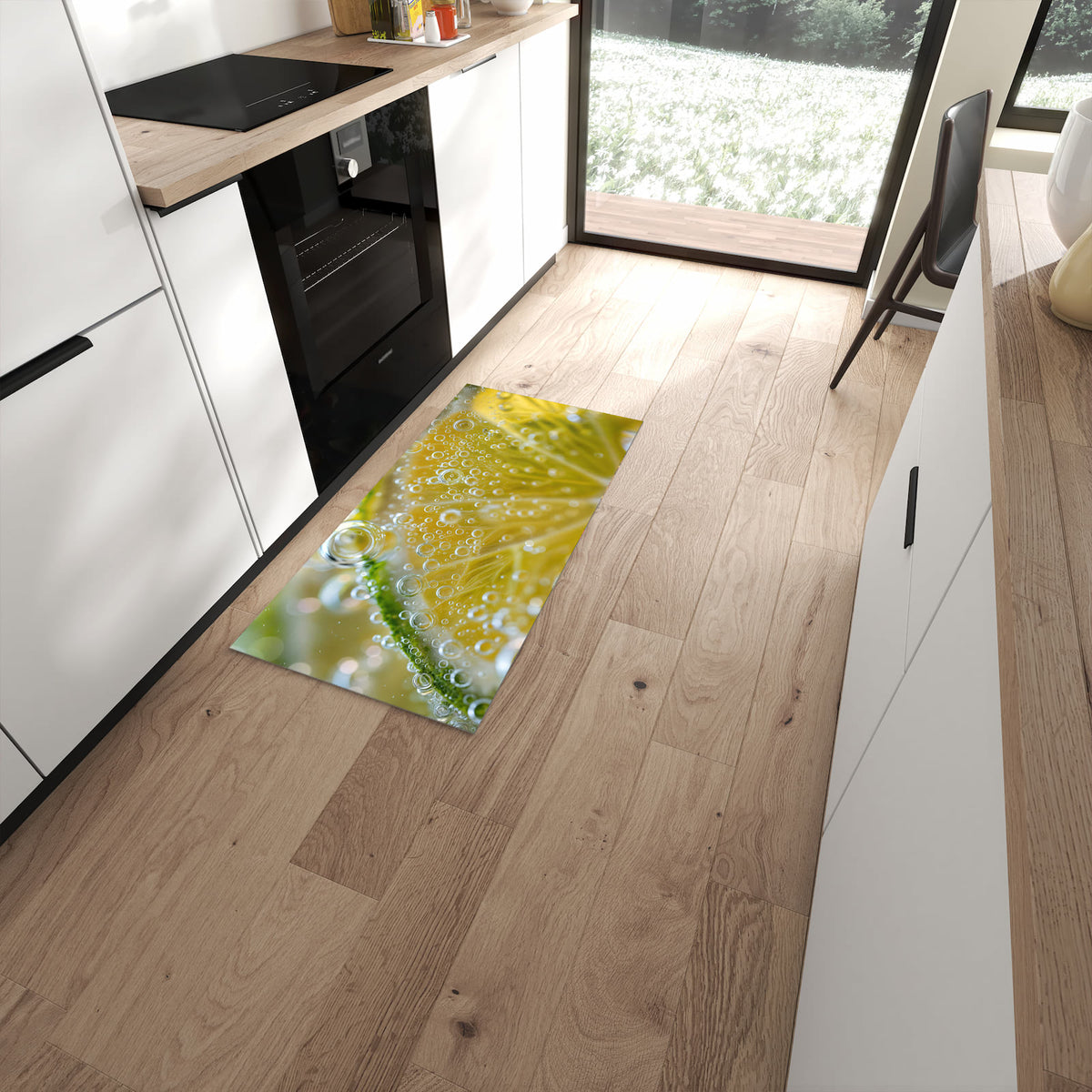 Hygienischer Küchenteppich mit Motiv Sanfte Zitronenscheibe in moderner Küche #grösse_60 x 120 cm