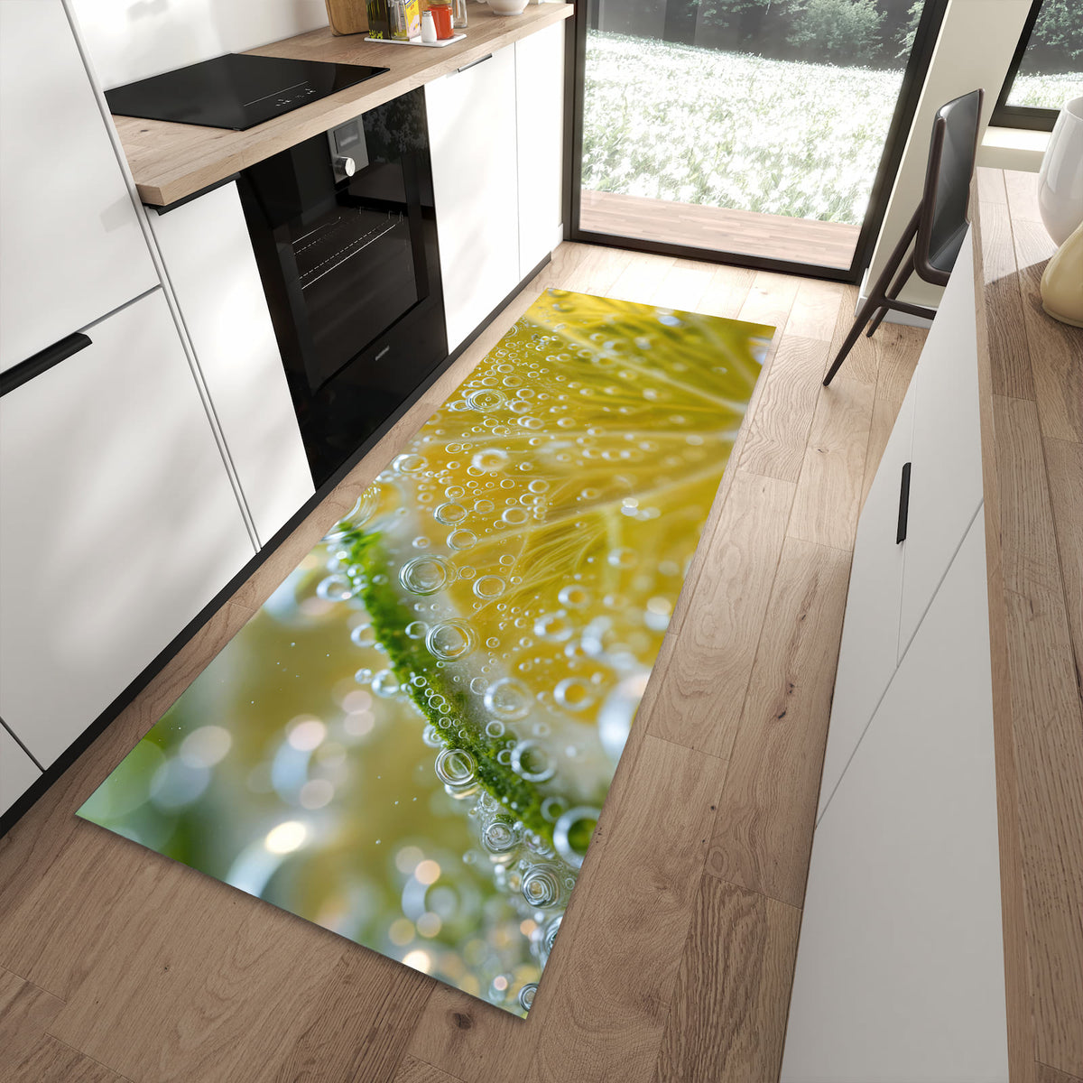Zeitsparender langer Teppich mit Motiv Sanfte Zitronenscheibe in moderner Küche
