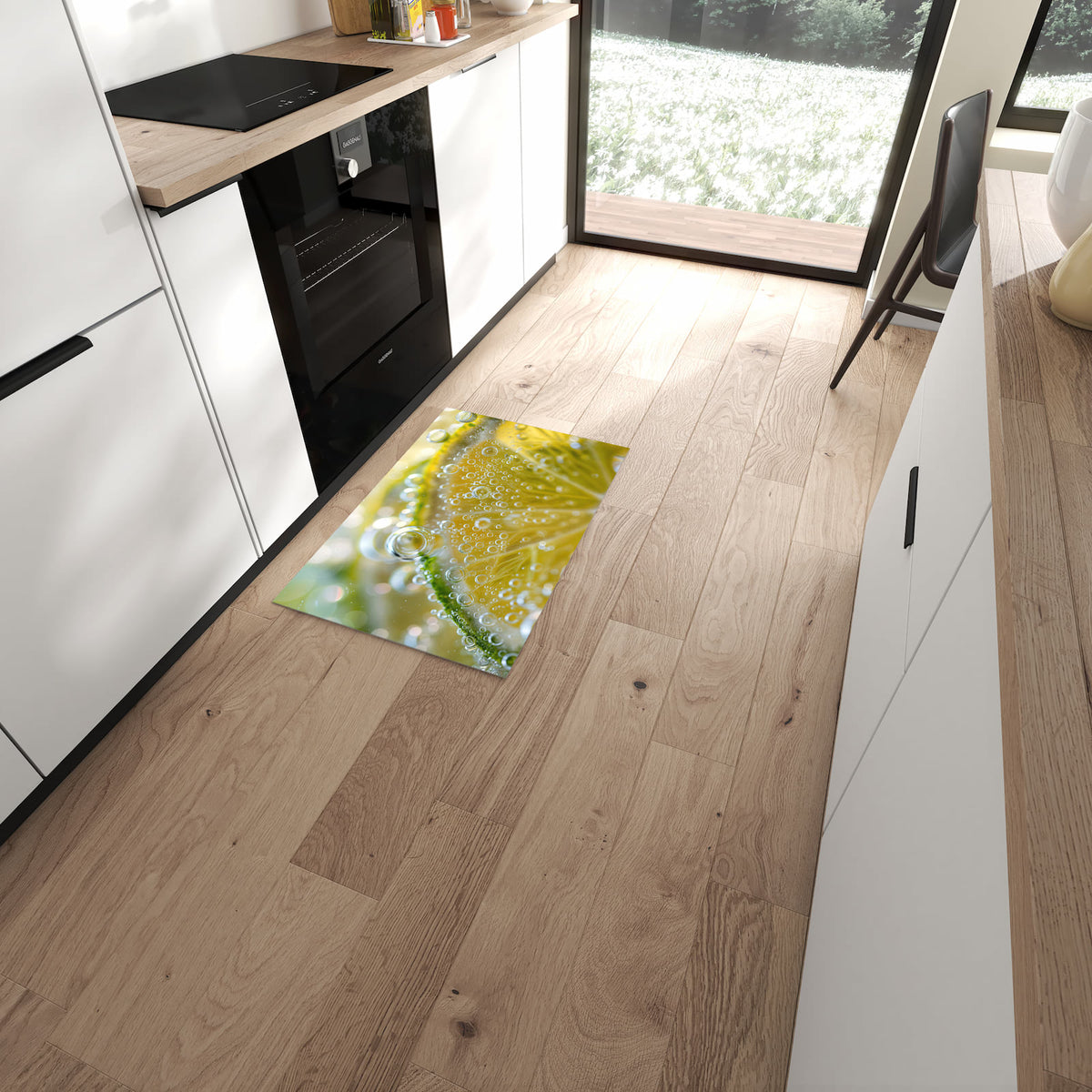 Bodenschonender Küchenteppich mit Motiv Sanfte Zitronenscheibe in moderner Küche