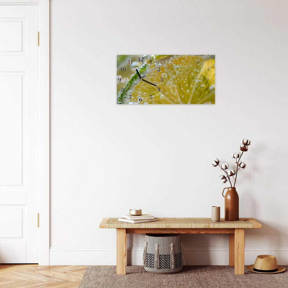Moderne Wanduhr aus Glas mit Farbtiefe – Wanduhr Sanfte Zitronenscheibe aus Glas – Querformat 60 × 30 cm