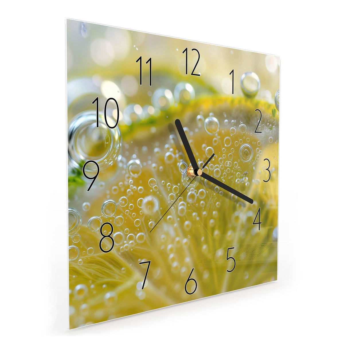Quadratische Wanduhr aus Glas Zitrone im Sprudel schräg von der Seite, 4 mm starkes Glas