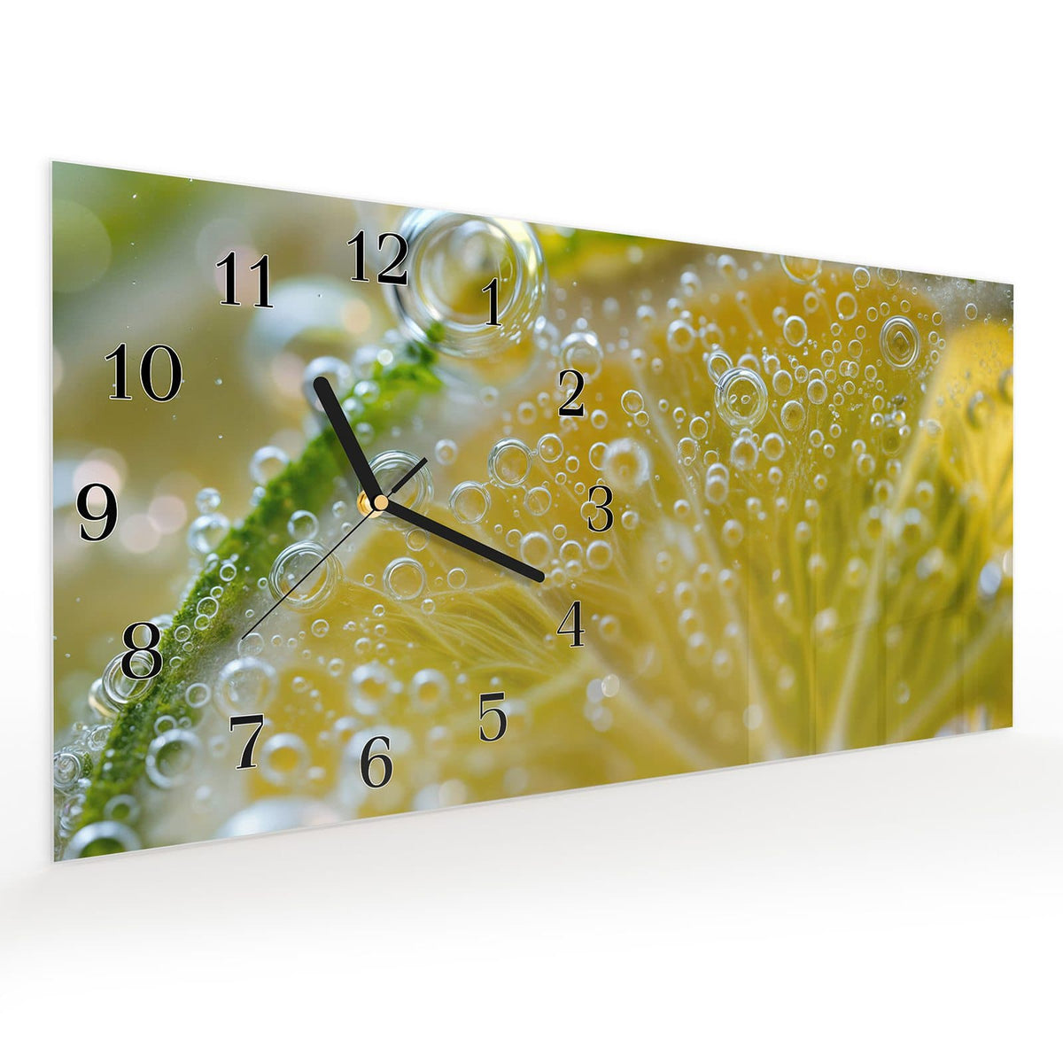 Vormontiert – mit Schwebeeffekt – Wanduhr Sanfte Zitronenscheibe aus Glas – Querformat 60 × 30 cm
