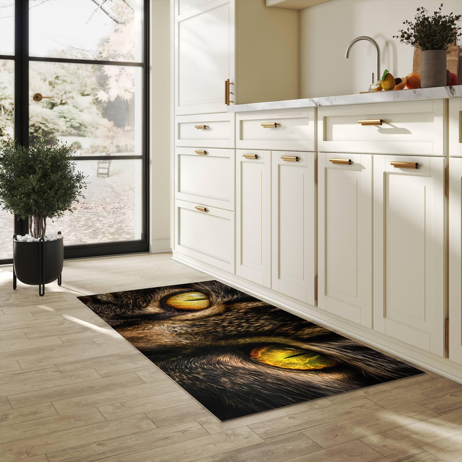 Fleckenresistenter langer Teppich mit Motiv Katzenaugencloseup in heller Küche